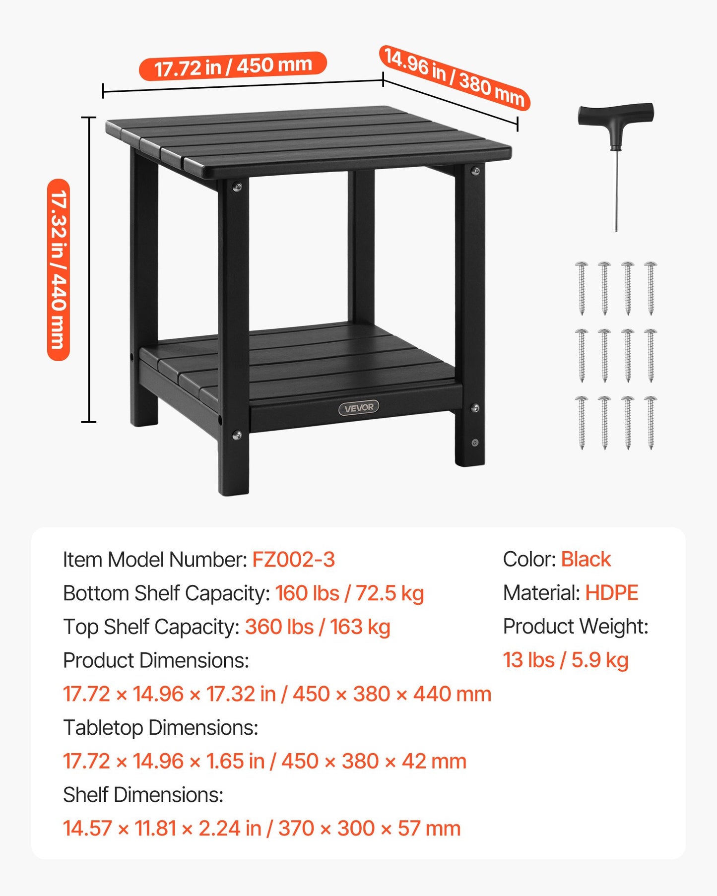 Outdoor Side Table, 17.72W x 14.96D x 17.32H Inch, Double Layer HDPE Outside End Table for Easy Maintenance, Withstand Harsh Weather, Fit for Patio, Pool, Beach, Porch, Indoor, Backyard, Black