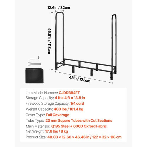 Vedställ med vattentätt lock, 1,22 m vedhållare för utomhusbruk, metallvedhållare med 1/4-snöre, maxviktskapacitet 180 kg, heltäckande, pulverlackerat vedställ för öppen spis | EU