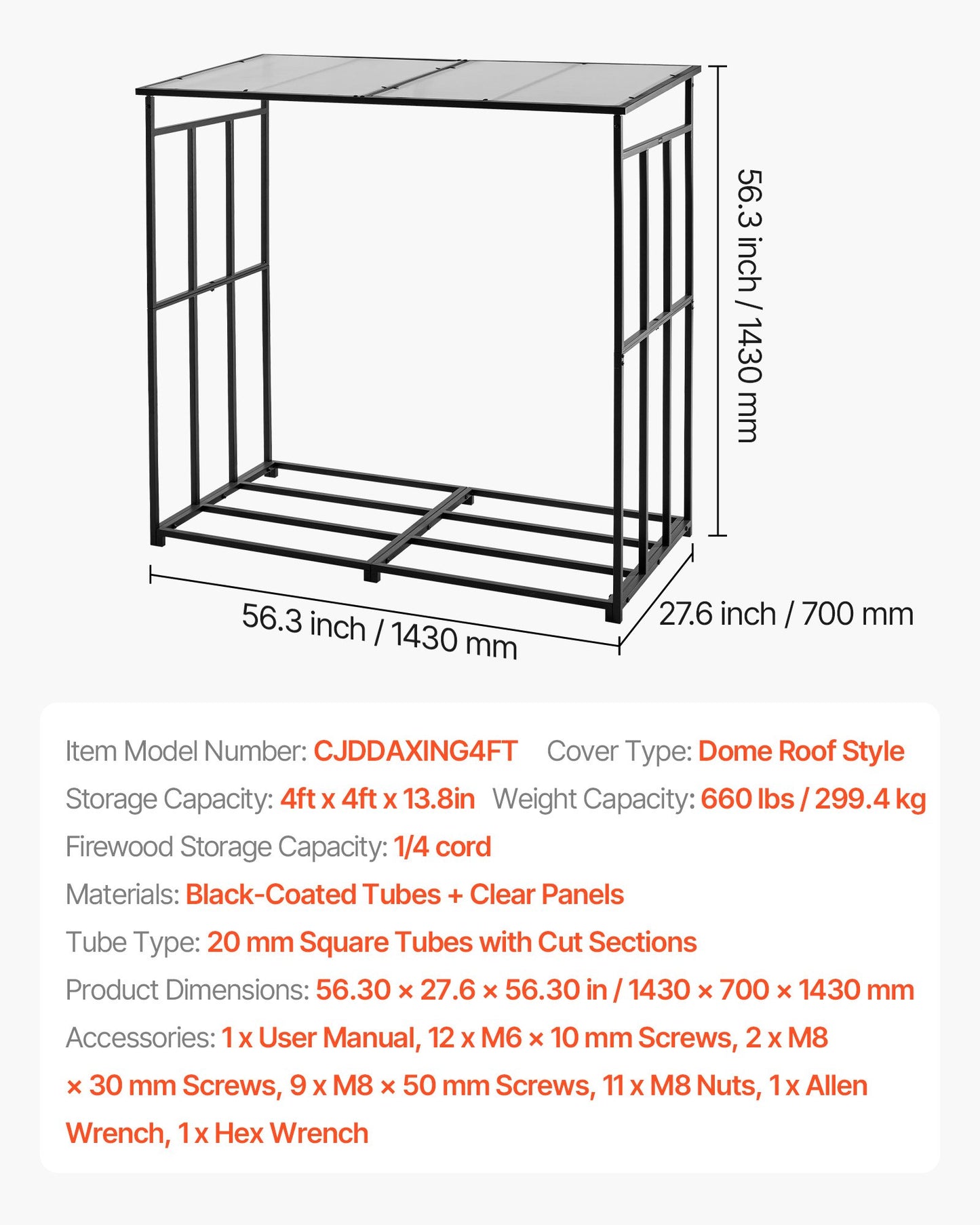 Firewood Rack with Sloped Roof, 4 ft Outdoor Firewood Holder, 1/4 Cord Log Storage Shed, 660lb Max Weight Capacity, Powder-Coated Metal Wood Storage Rack for Fireplace Deck Backyard Garden