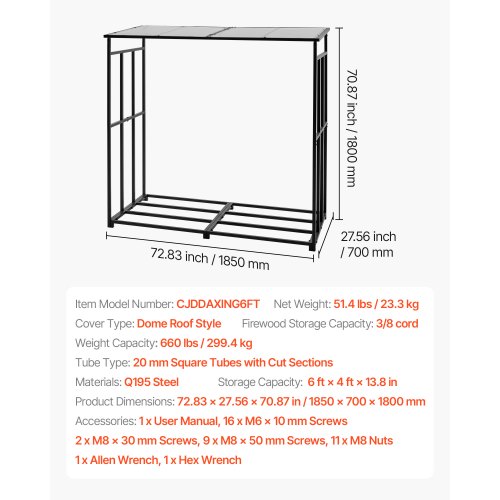 Vedställ med sluttande tak, 1,85 m vedhållare för utomhusbruk, vedskjul med 1/4-snöre, maxvikt 299 kg, pulverlackerat vedställ i metall för öppen spis, altan, trädgård | EU