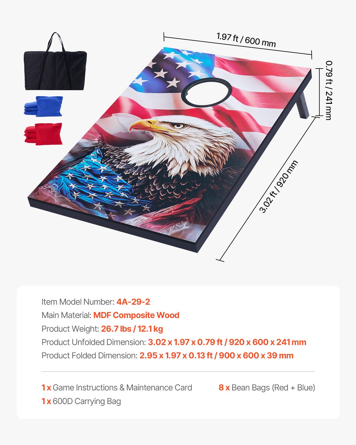 Cornhole Set, 3x2 ft Corn Hole Game Boards, MDF Wood Portable Toss Board, Indoor and Outdoor Cornhole Play for Adults, Include 8 Bean Bags and Carrying Case, for Yard, Backyard, Beach, Camping