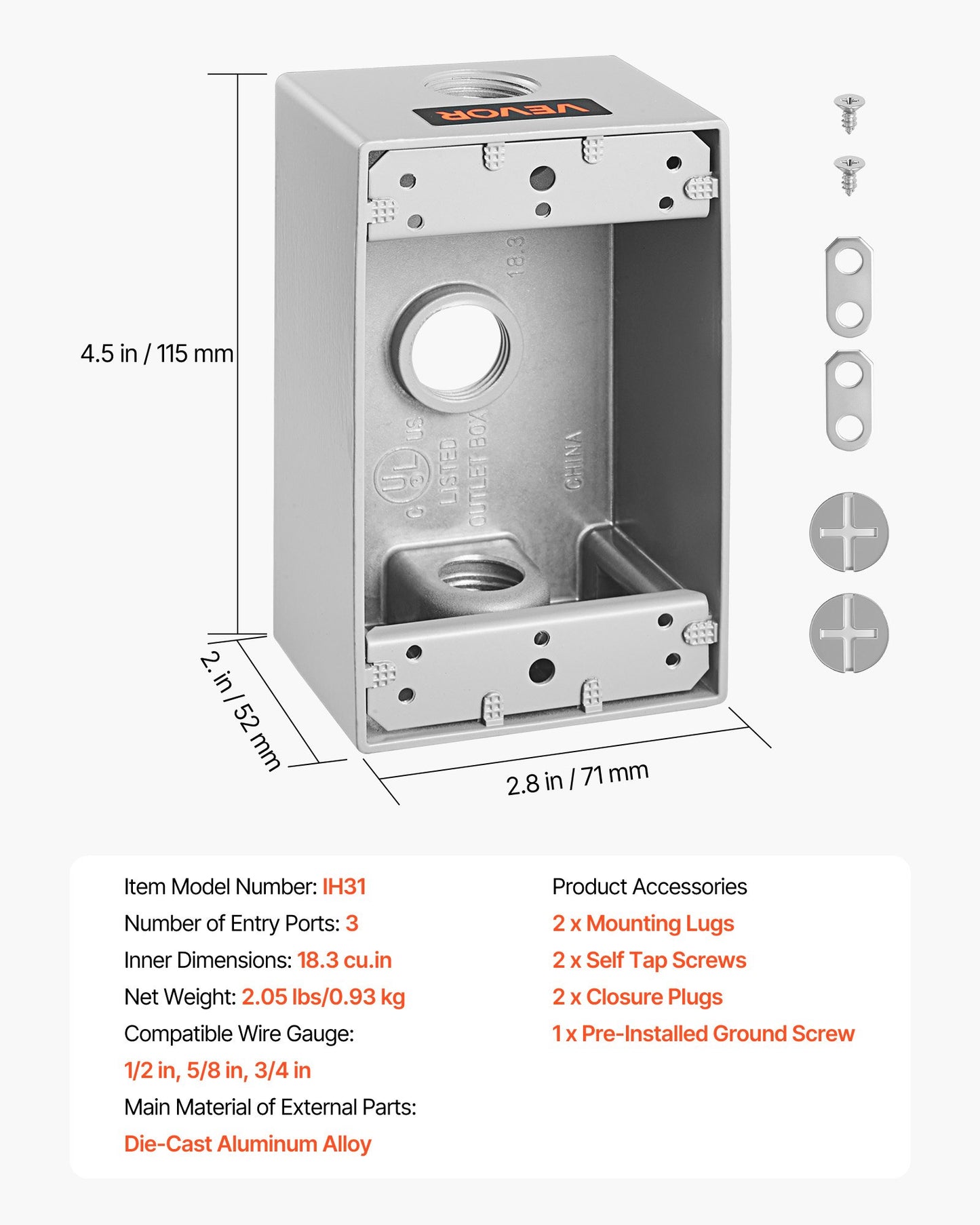 Outdoor Electrical Box, 4.5 x 2.8 x 2 in, Weatherproof Outlet Junction Box, Suitable 1/2-Inch or 3/4-Inch Electrical Conduit, 18.3 Cu.In Large Capacity Plug Receptacle Protector, 4PCS, Gray