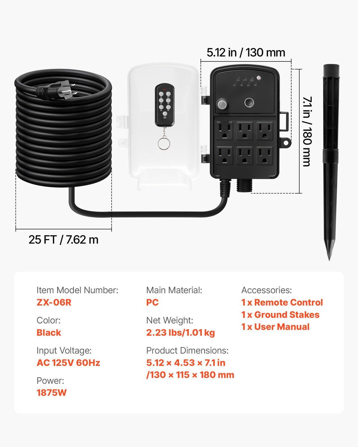 Outdoor Power Stake, 25FT Extension Cord, Outdoor Power Strip Weatherproof with Cover, Remote Control Dusk to Dawn Light Timer Waterproof, 6 Outlets, 1875W/15A, for Christmas Lights, Garden