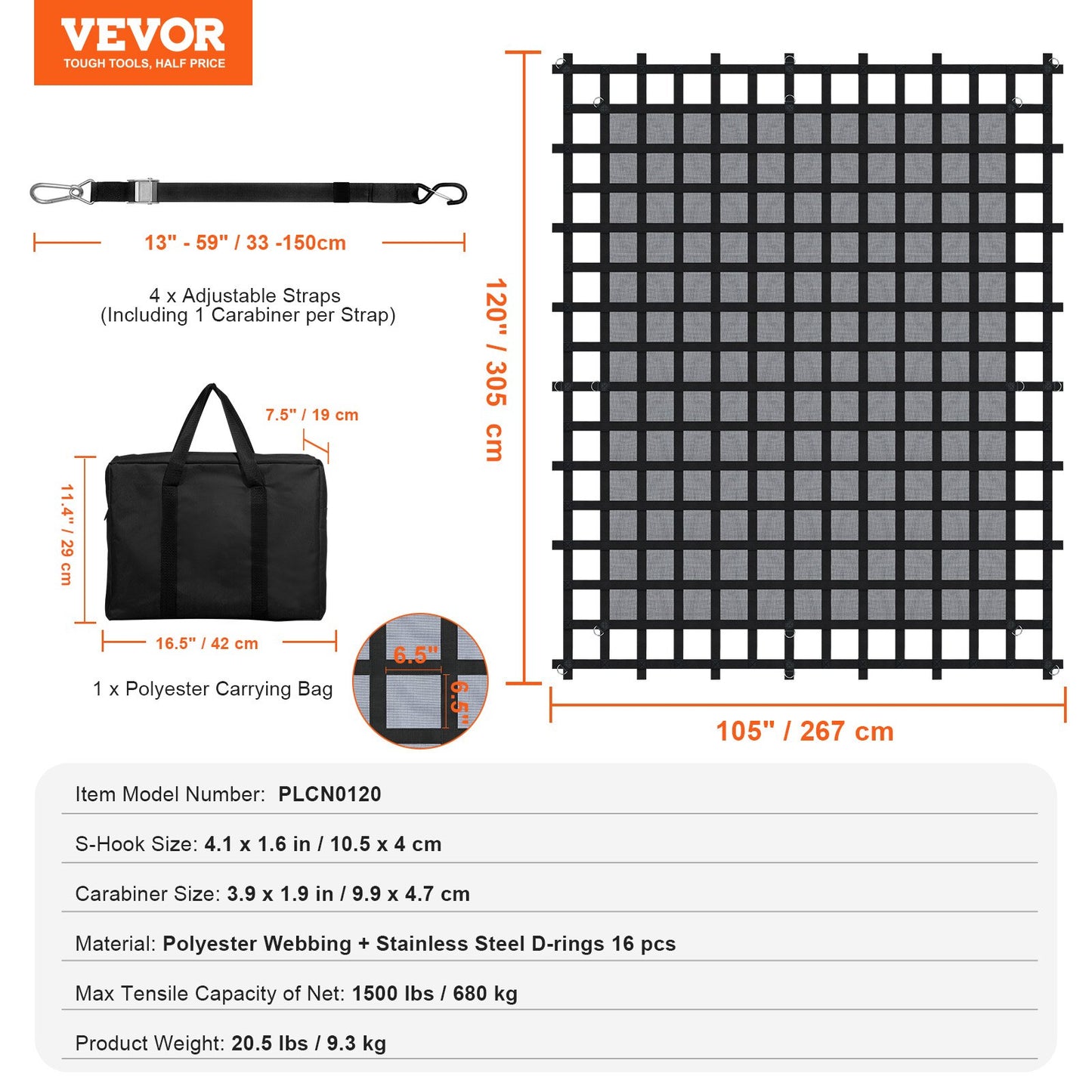 Cargo Net, 120 in x 105 in, Heavy Duty Truck Cargo Net for Truck Bed, 4 Adjustable Straps with Carabiners & S-Hooks, Wear-resistant & Weather-proof, Suitable for Pickup, Truck, Jeep, SUV, Boat