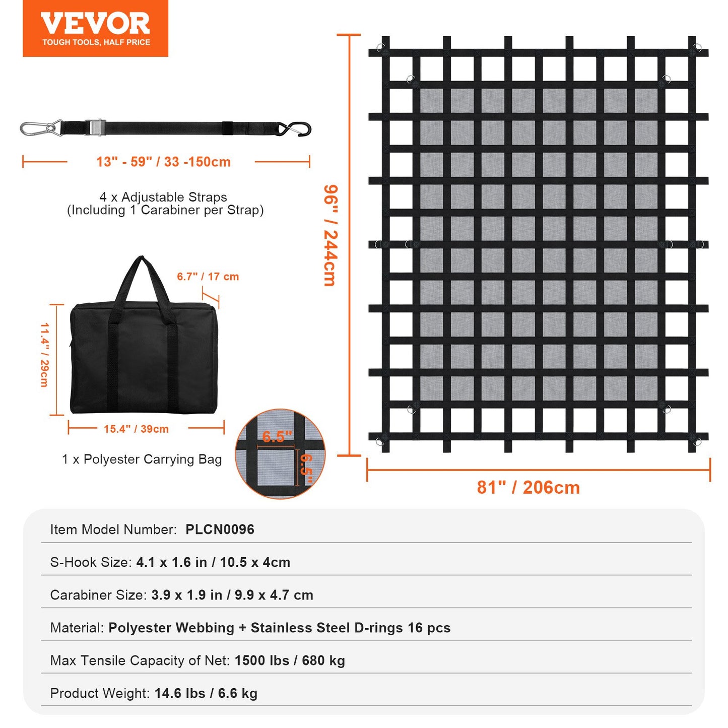 Cargo Net, 96 in x 81 in, Heavy Duty Truck Cargo Net for Truck Bed, 4 Adjustable Straps with Carabiners & S-Hooks, Wear-resistant & Weather-proof, Suitable for Pickup, Truck, Jeep, SUV, Boat