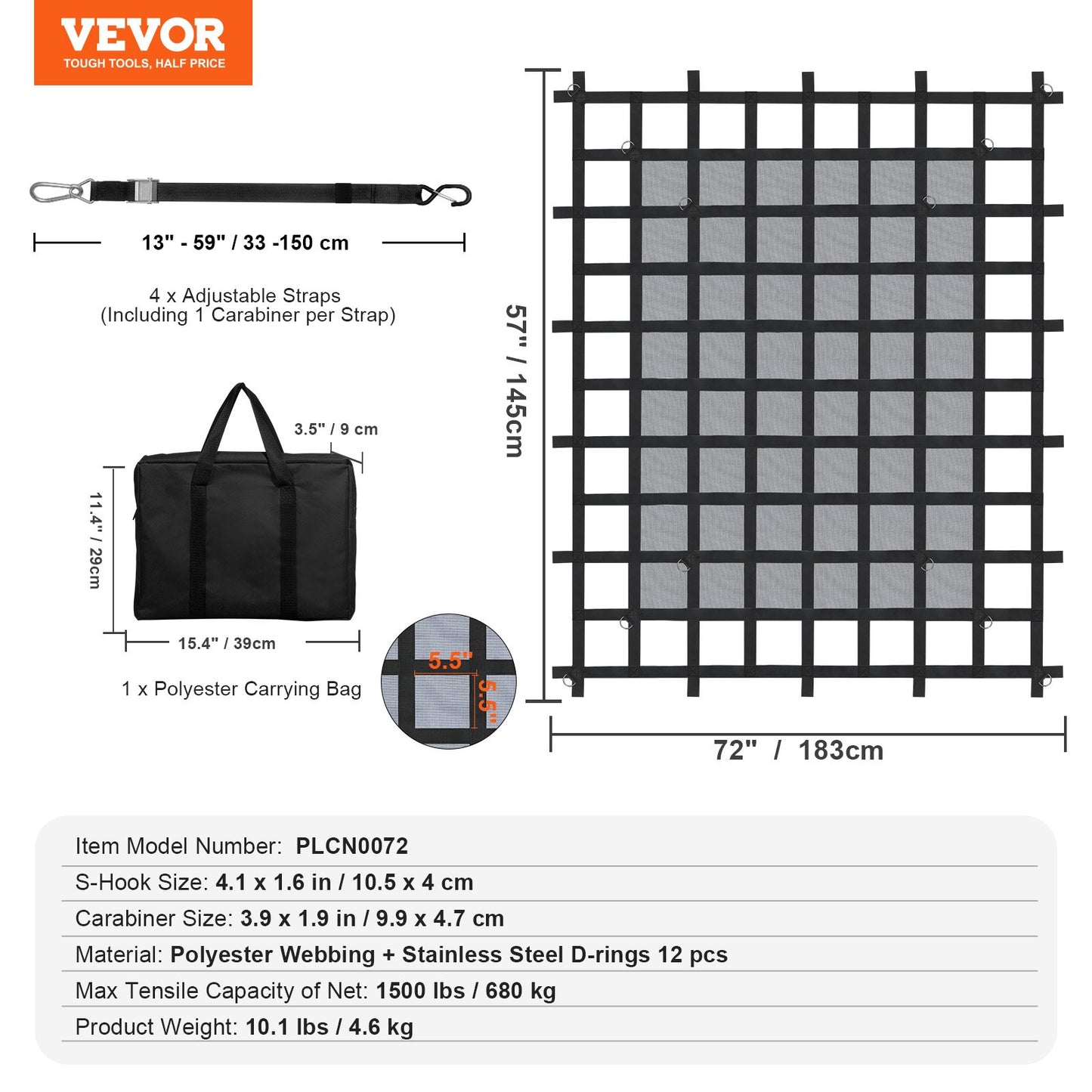 Cargo Net, 72 in x 57 in, Heavy Duty Truck Cargo Net for Truck Bed, 4 Adjustable Straps with Carabiners & S-Hooks, Wear-resistant & Weather-proof, Suitable for Pickup, Truck, Jeep, SUV, Boat