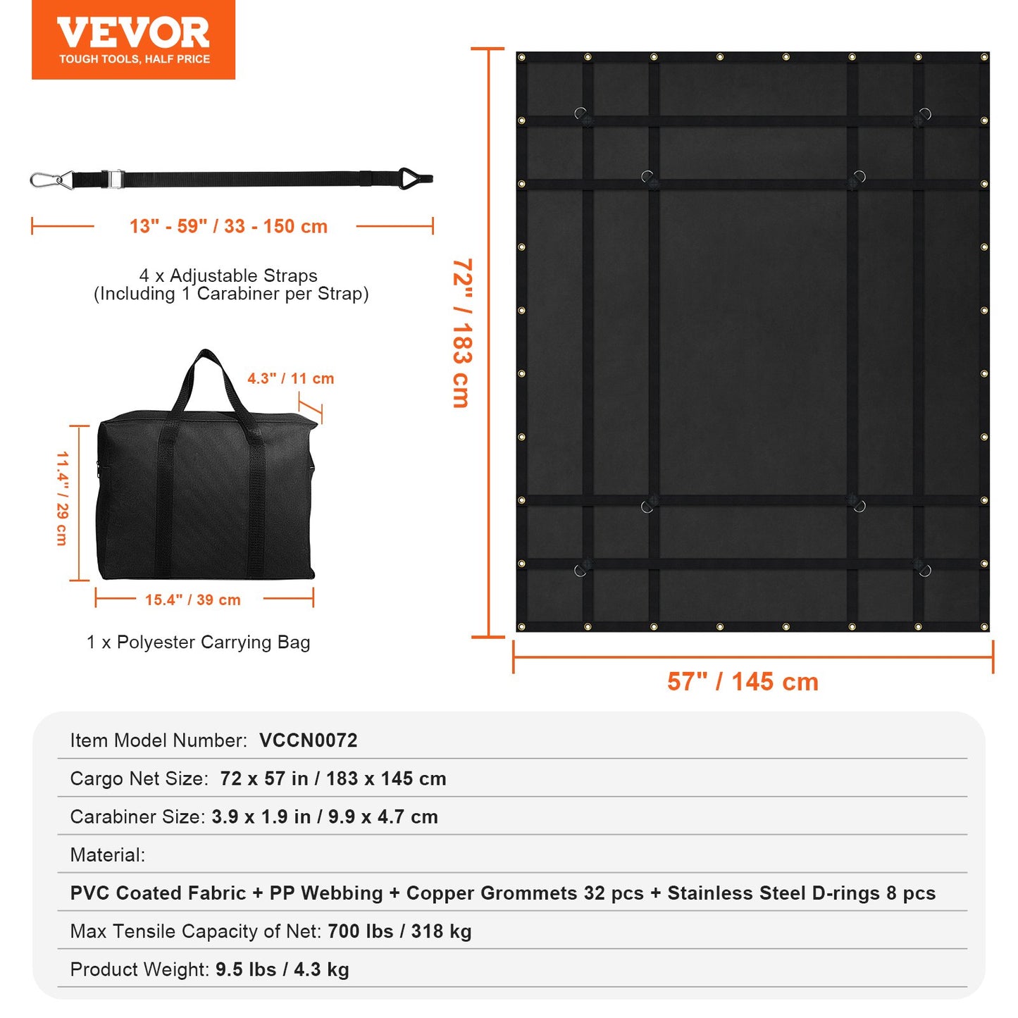 Cargo Net, 72 in x 57 in, Heavy Duty Truck Cargo Net for Truck Bed, 4 Adjustable Straps with Carabiners and Rubber Coated Hooks, Durable, Suitable for Pickup, Jeep, Truck, SUV, Boat (Black)