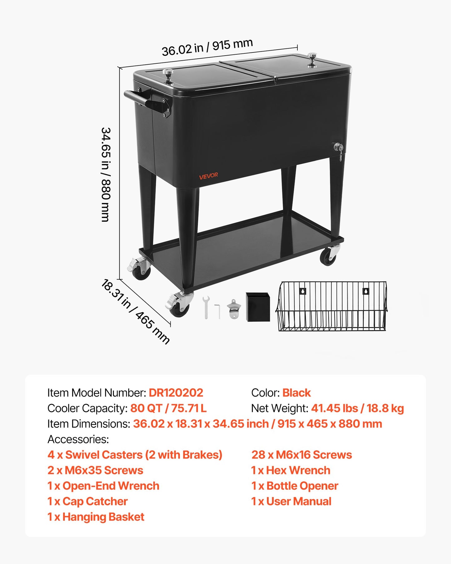80 Quart Rolling Ice Chest, Holds up to 50 Bottles / 110 Cans, Portable Patio Party Bar Drink Cooler Cart with Bottom Shelf, Beverage Pool with Side Basket and Bottle Opener, Black