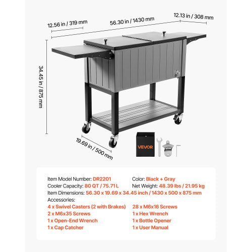 75,7L rullande kylbox, rymmer upp till 50 flaskor / 110 burkar, bärbar kylvagn för uteplats, partybar, med bottenhylla och fällbara sidohyllor, dryckespool med svängbara hjul och flasköppnare | EU