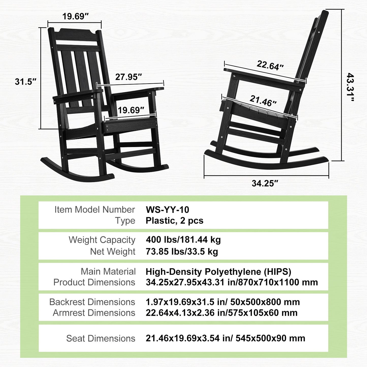 2 Pcs Porch Rocker, HIPS Outdoor Rocking Chair, High Back Patio Rocking Chair with Smooth Armrests, Supports up to 400 lbs, for Garden, Balcony, Porch, Black