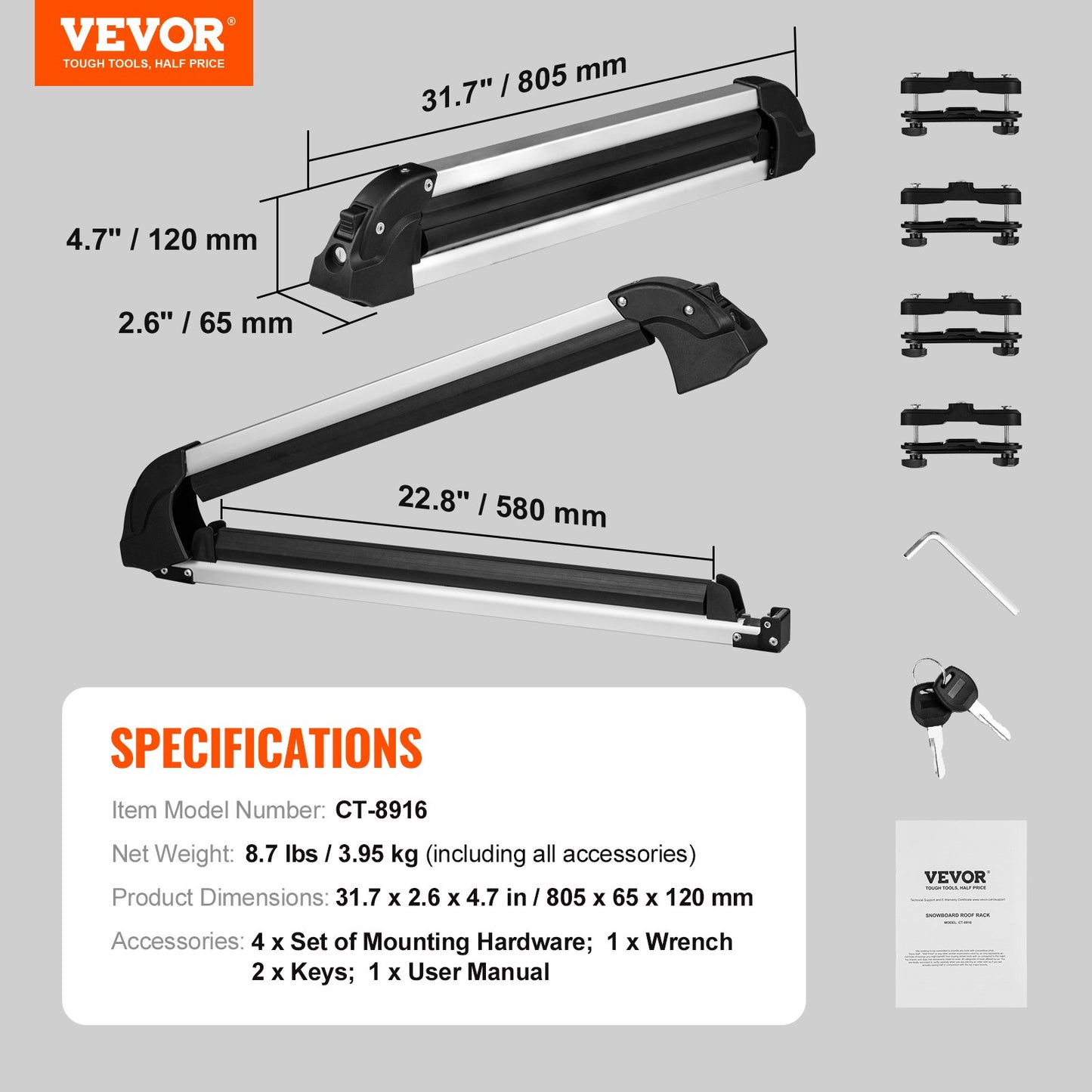 Ski and Snowboard Roof Rack, 31.7-Inch Universal Ski Rack for Car Roof Fit Most Crossbars, Carry up to 6 Pairs of Skis or 4 Snowboards, Aluminum Snowboard Ski Rack with Lock & Rubber Padding