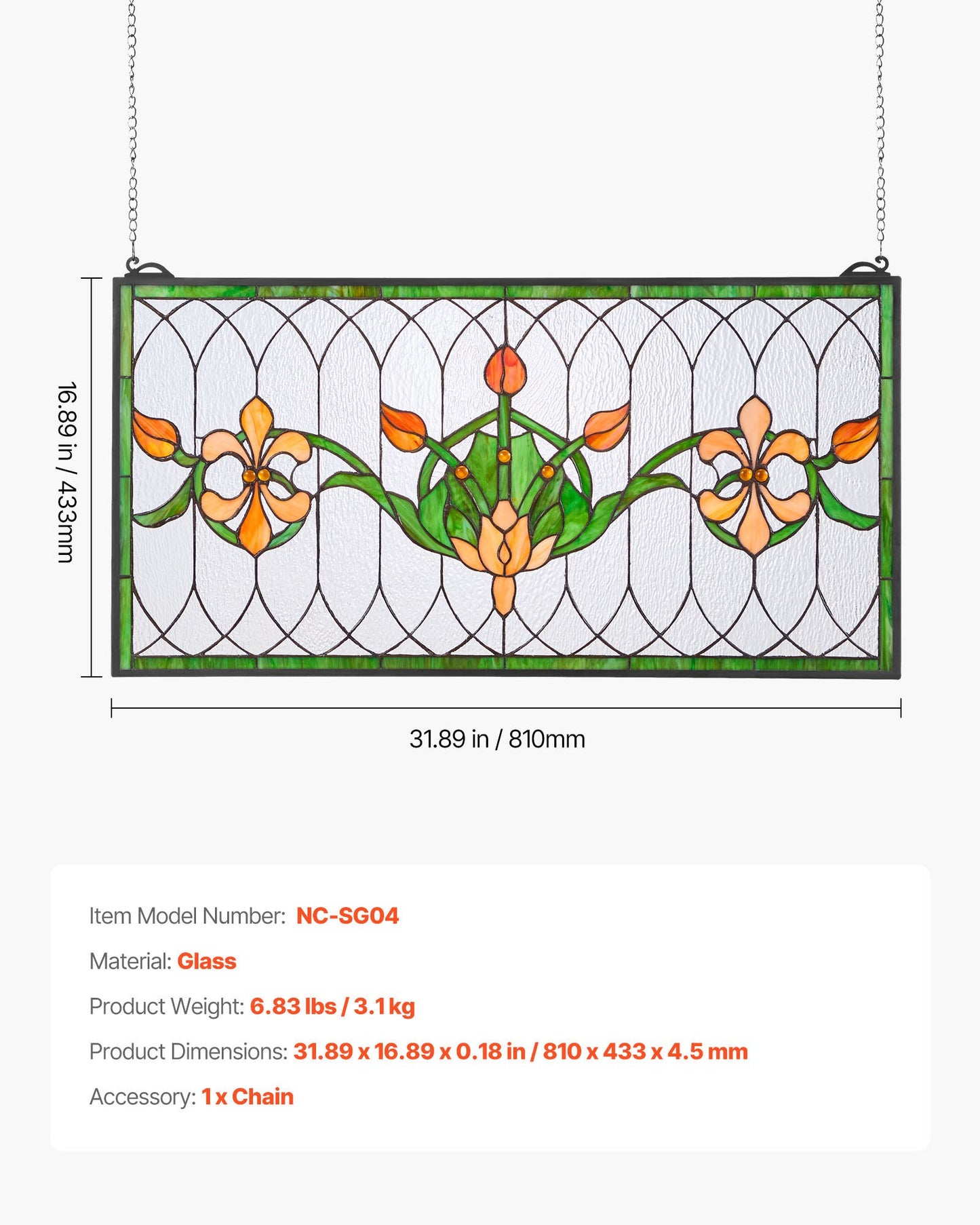 Stained Glass Window Panel, 32 x 17 in, Tiffany Style Hanging Transom Window Panel with Chain, Large Horizontal Rectangle Stain Glass, Vintage Traditional Art Handcrafts for Kitchen Home Decor