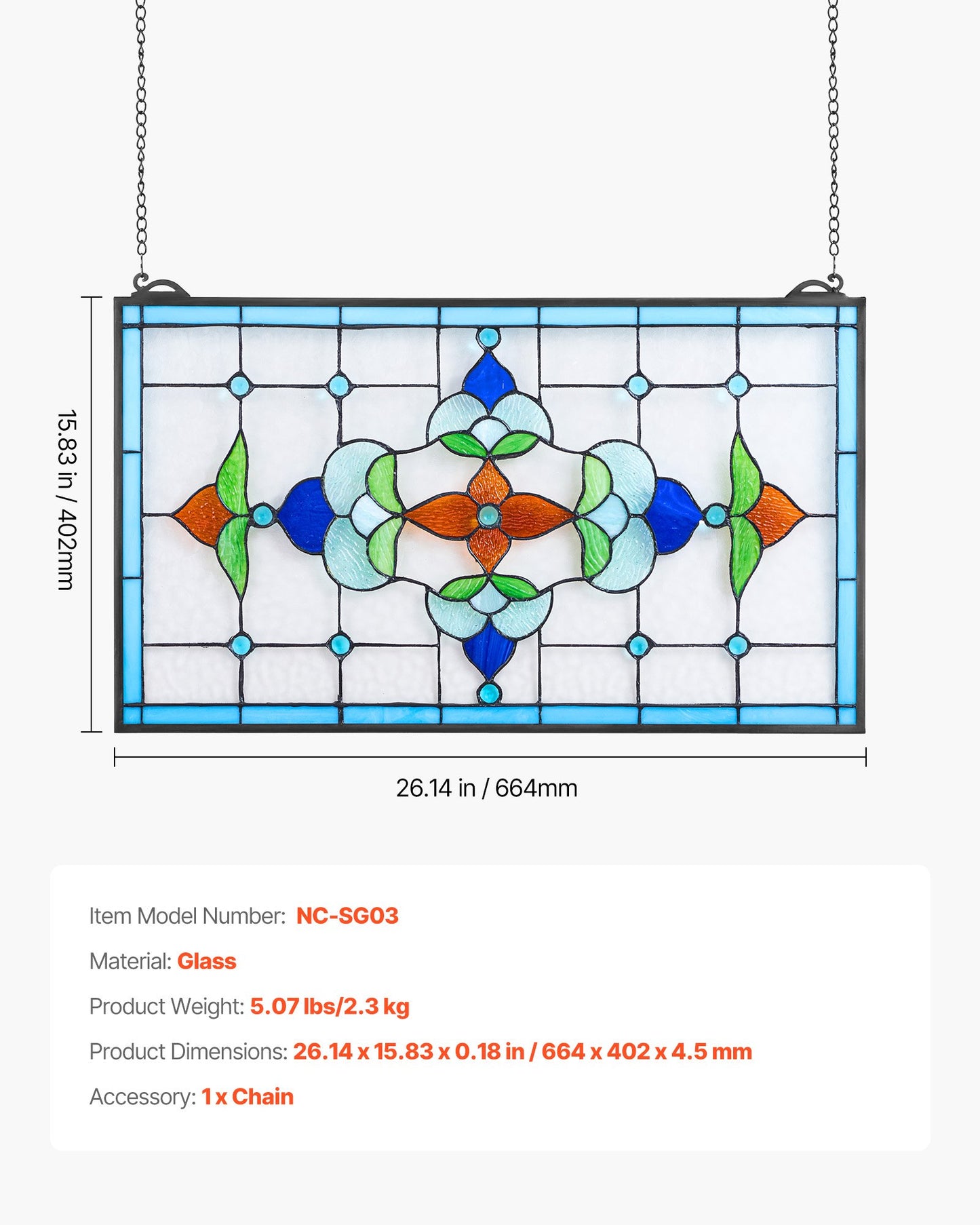 Stained Glass Window Panel, 26 x 16 in, Tiffany Style Hanging Transom Window Panel with Chain, Large Horizontal Rectangle Stain Glass, Vintage Traditional Art Handcrafts for Kitchen Home Decor