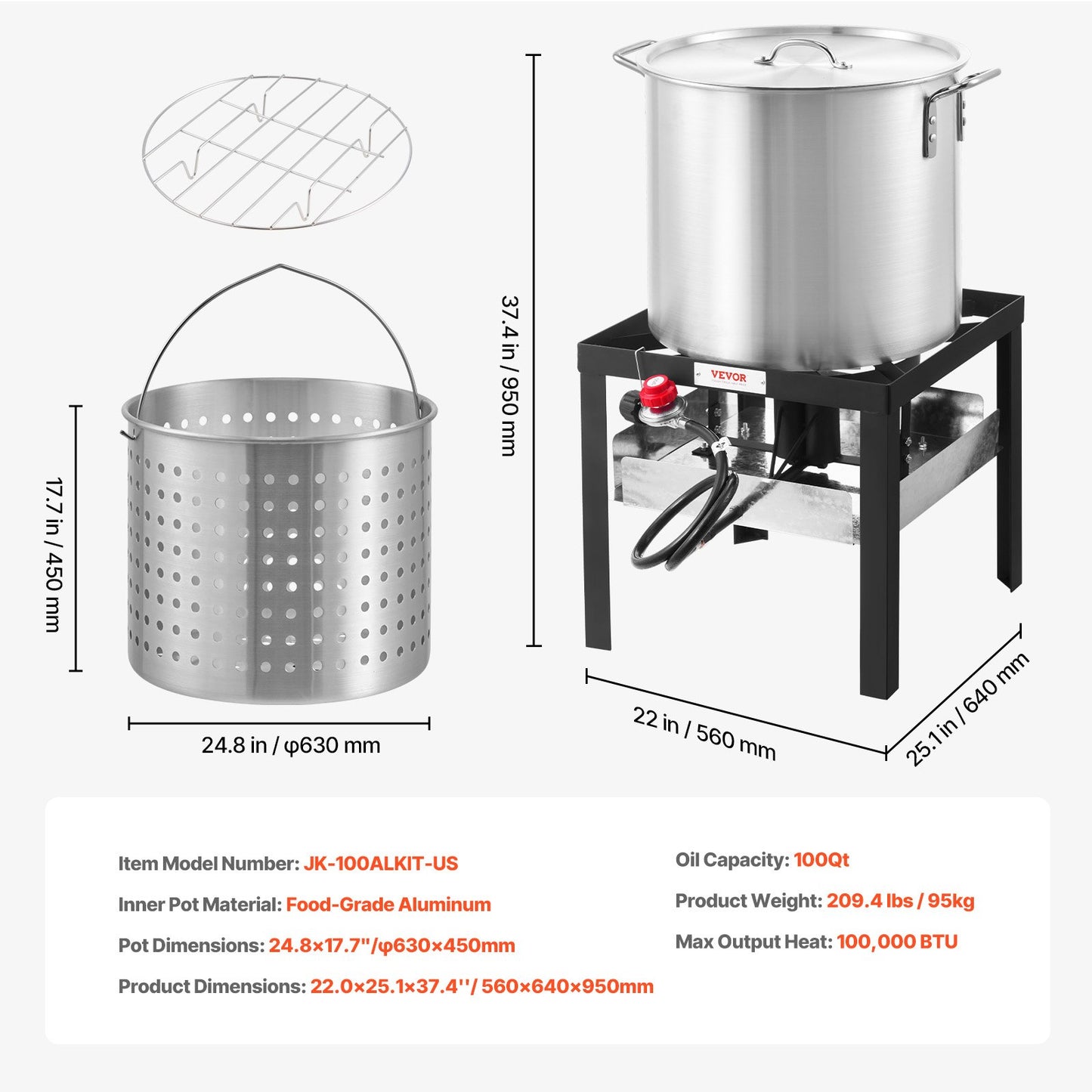 100 Qt Seafood Boiling Kit with Strainer, Outdoor Seafood Boil Pot and Basket, Cooking Set for Crab Crawfish Lobster Boiling, Aluminum Stockpot with 100,000 BTUs Propane Burner and Steamer Rack