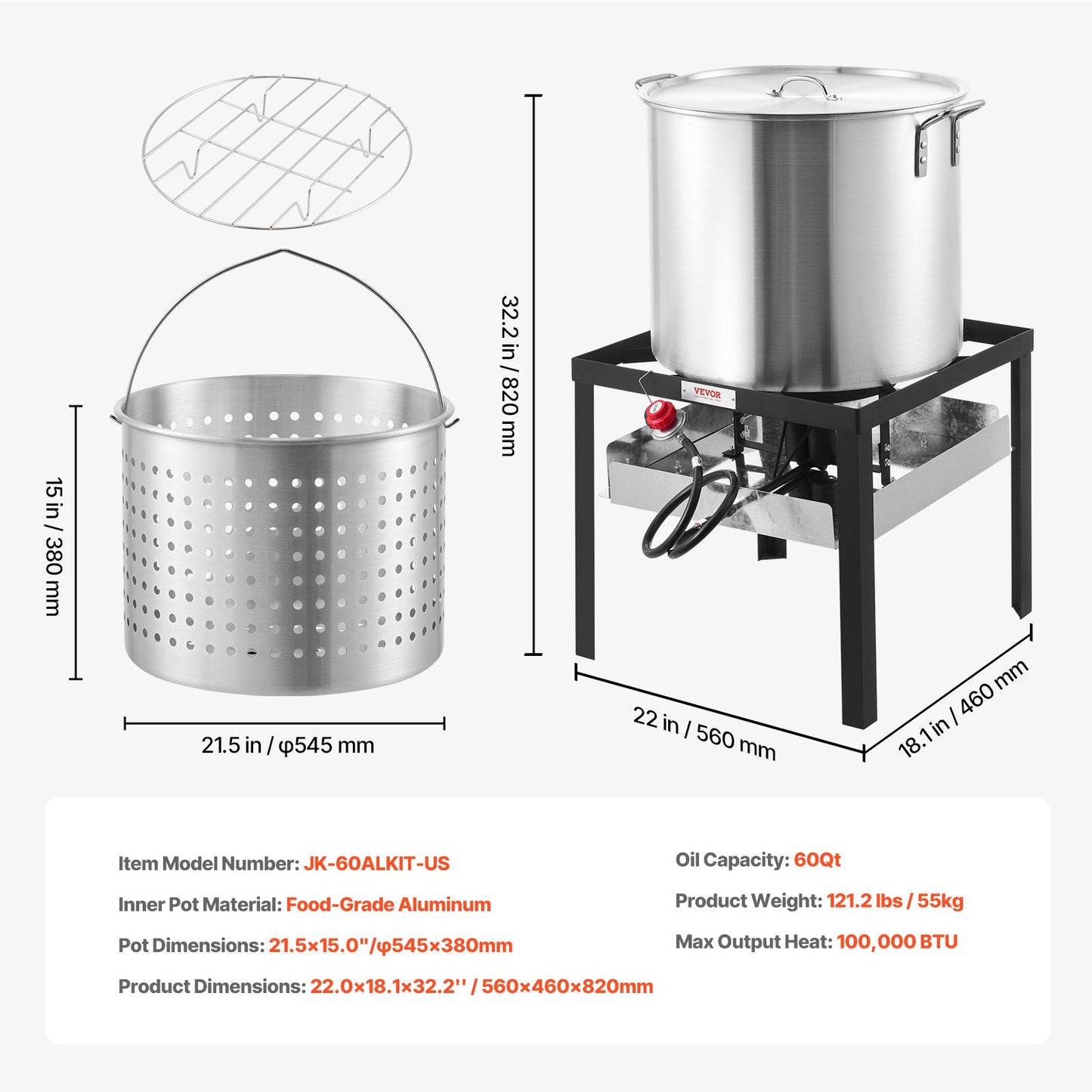 60 Qt Seafood Boiling Kit with Strainer, Outdoor Seafood Boil Pot and Basket, Cooking Set for Crab Crawfish Lobster Boiling, Aluminum Stockpot with 100,000 BTUs Propane Burner and Steamer Rack