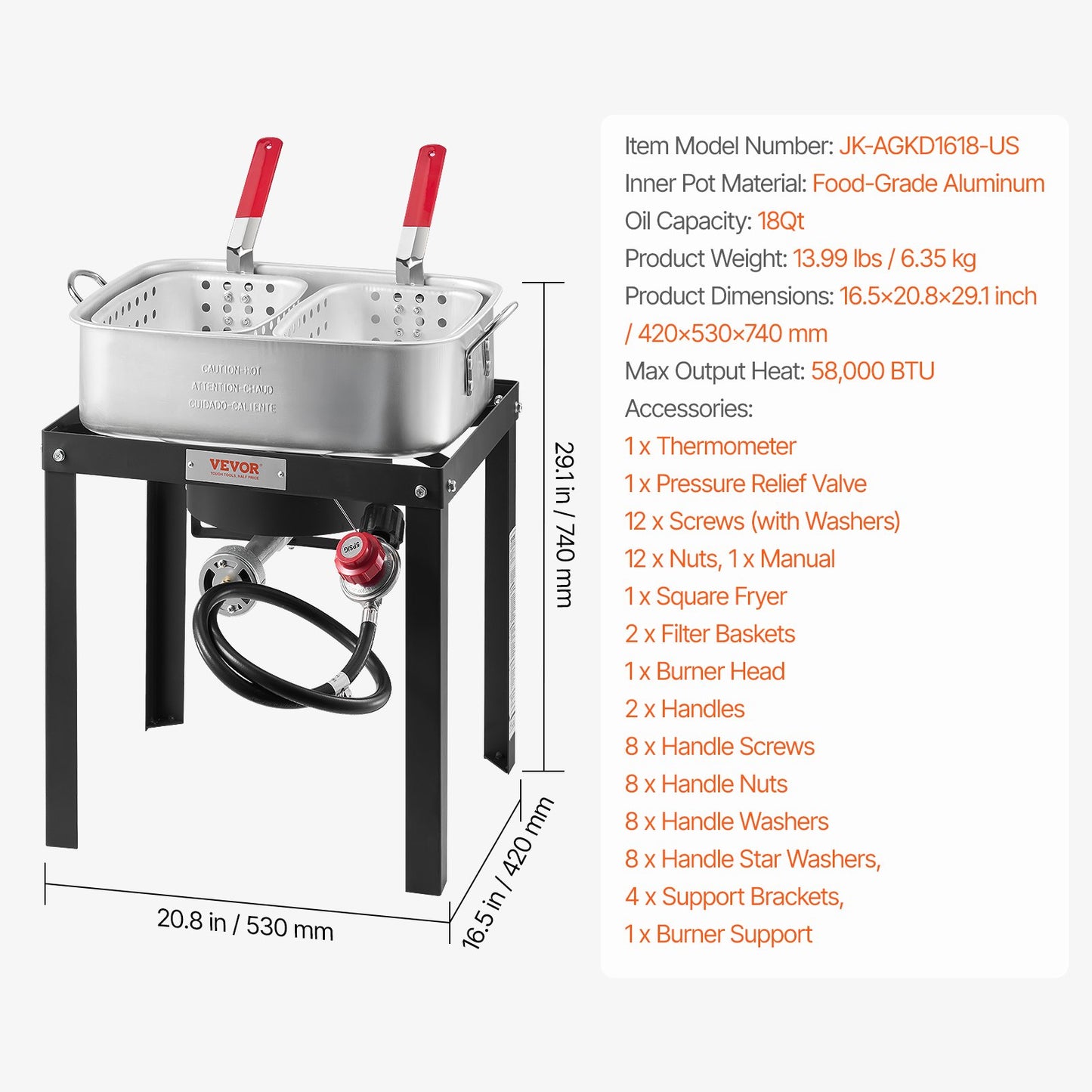 18 Qt Fish and Wing Fryer with Double Basket, Aluminum Propane Fish Fryer Kit, Outdoor Deep Fryer Seafood Pot with Thermometer and 58,000 BTUs Propane Burners, for Outdoor and Backyard Cooking