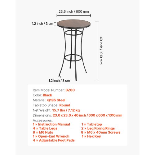 Runt barbord för utomhusbruk, 60 cm barhöjd bistrobord, matbord för uteplats med lättrengörlig skiva och robust metallram, höga pubbord för inomhusbruk för små utrymmen, kök | EU