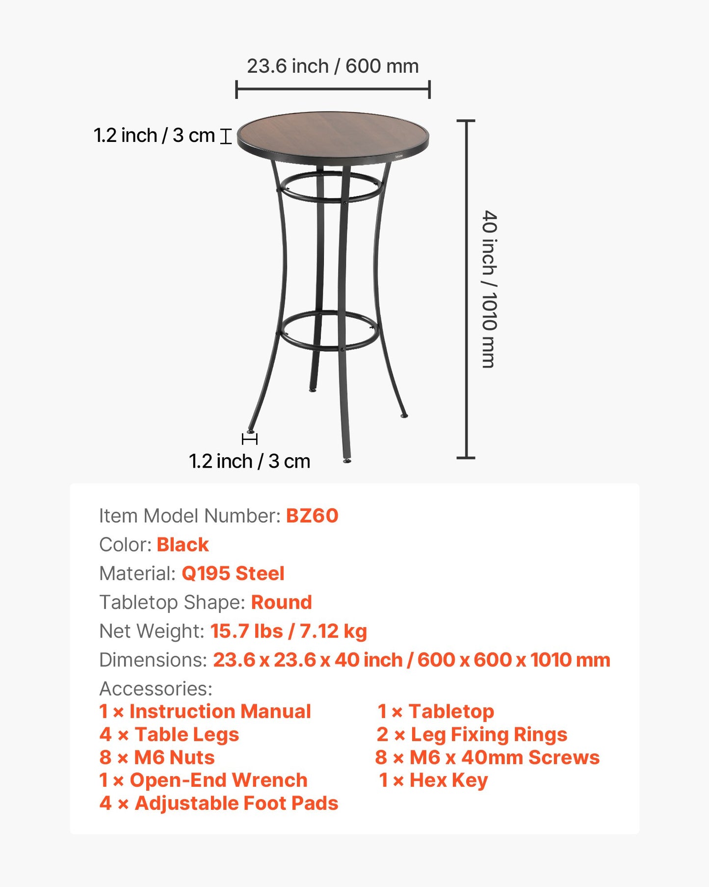 Outdoor Round Bar Table, 23.7 in Counter Bar Height Bistro Table, Patio Dining Tables with Easy-to-Clean Top & Sturdy Metal Frame, Indoor High Top Pub Tables for Small Places, Kitchen