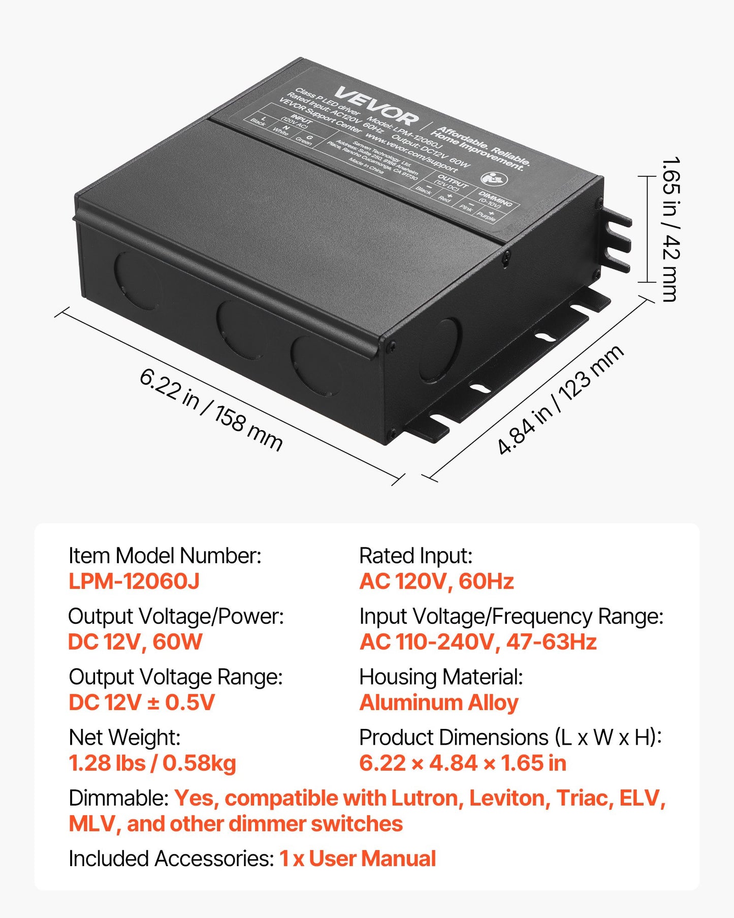 60W Dimmable LED Driver, 12V, Triac/ELV/MLV AC to DC Power Supply Transformer for LED Strip Light, Smooth Flicker-Free Dimming, Constant Voltage, Compatible with Lutron and Leviton Dimmer Switch