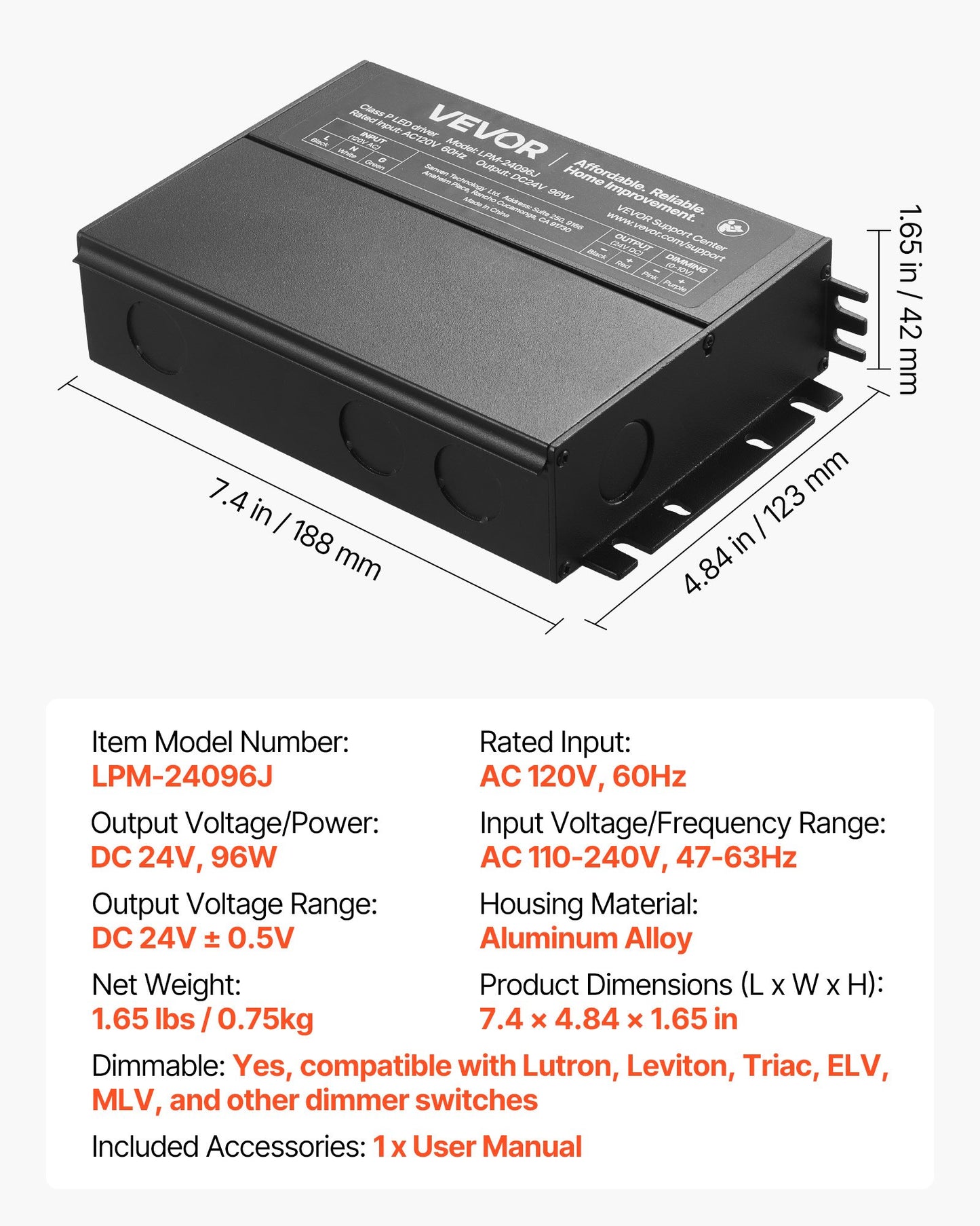96W Dimmable LED Driver, 24V, Triac/ELV/MLV AC to DC Power Supply Transformer for LED Strip Light, Smooth Flicker-Free Dimming, Constant Voltage, Compatible with Lutron and Leviton Dimmer Switch