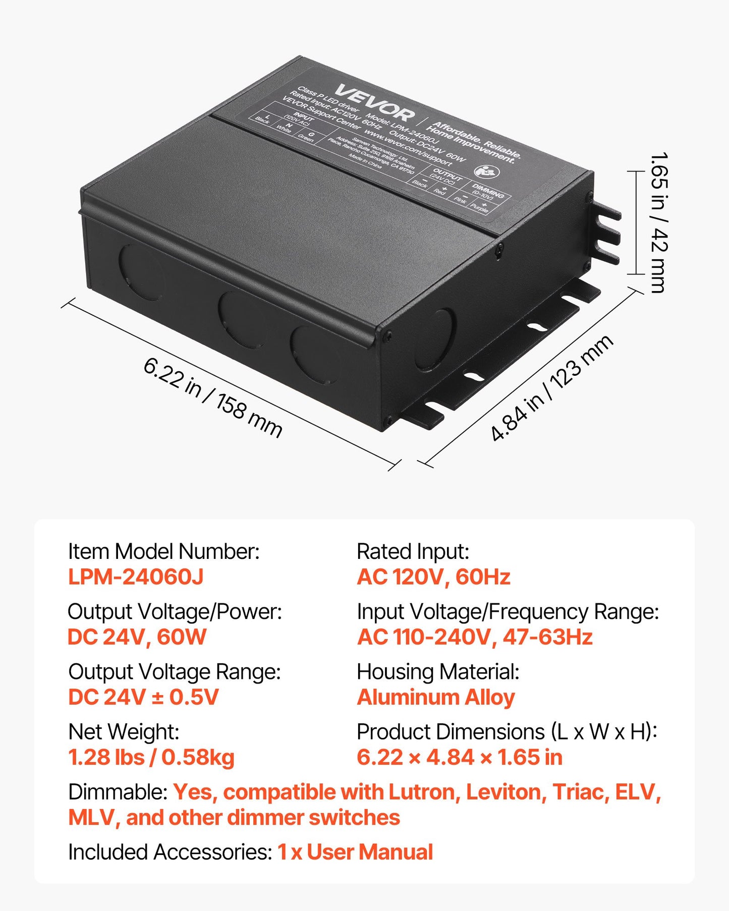 60W Dimmable LED Driver, 24V, Triac/ELV/MLV AC to DC Power Supply Transformer for LED Strip Light, Smooth Flicker-Free Dimming, Constant Voltage, Compatible with Lutron and Leviton Dimmer Switch
