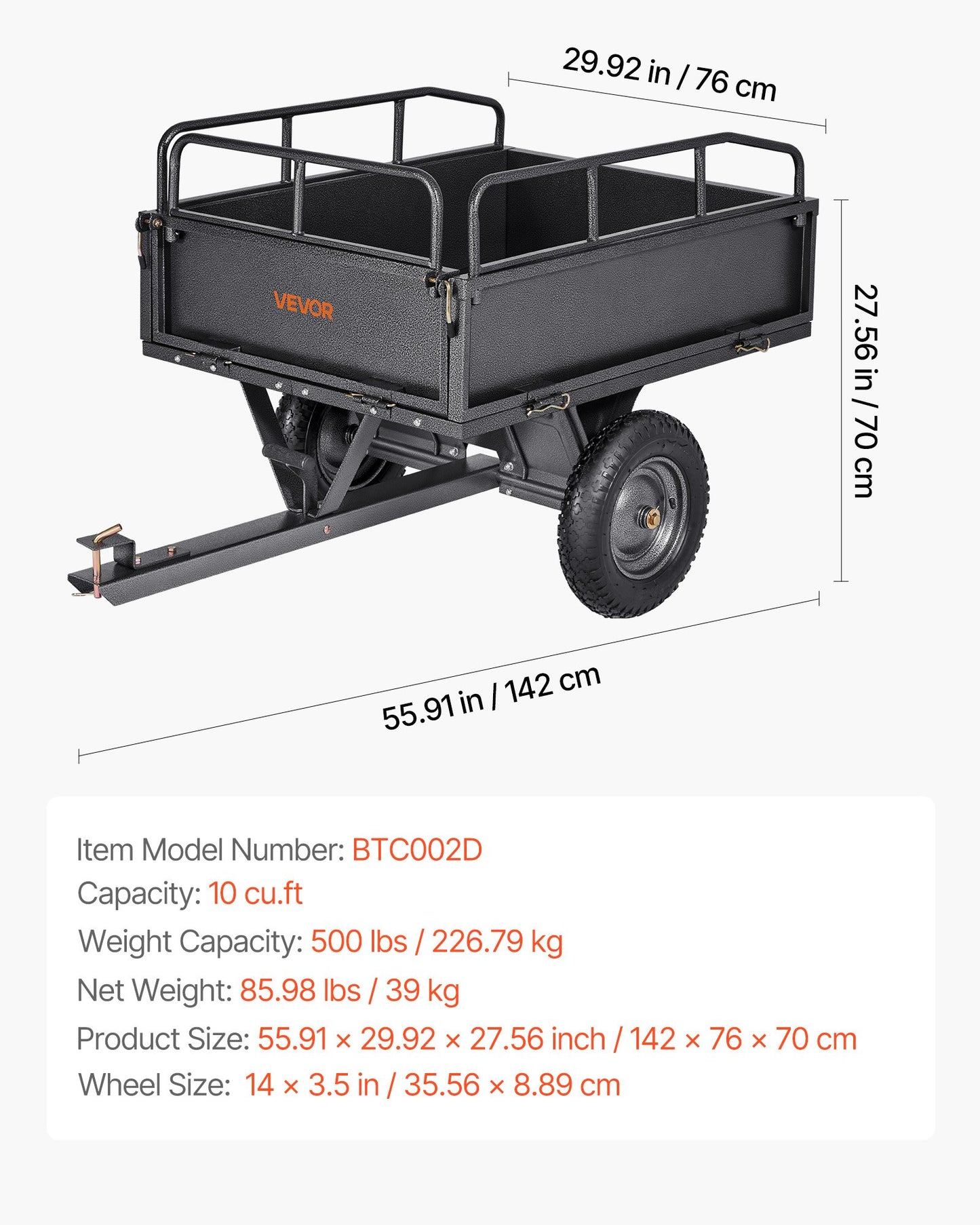 Garden Utility Trailer, 10 Cu. Ft & 500lbs Capacity, ATV UTV Hauling Trailer, Tow Behind Steel Dump Cart with 14" Tires, Hand Pull or Foot Pedal, Heavy Duty Yard Trailers for Lawn Mower Tractor