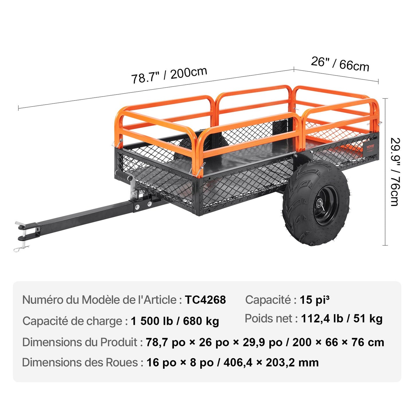 Heavy Duty Steel ATV Dump Trailer, 1500-Pound Load Capacity 15 Cubic Feet, Tow Behind Dump Cart Garden Trailer, with Removable Sides and 2 Tires, for Mowers, Tractors, ATV, UTV