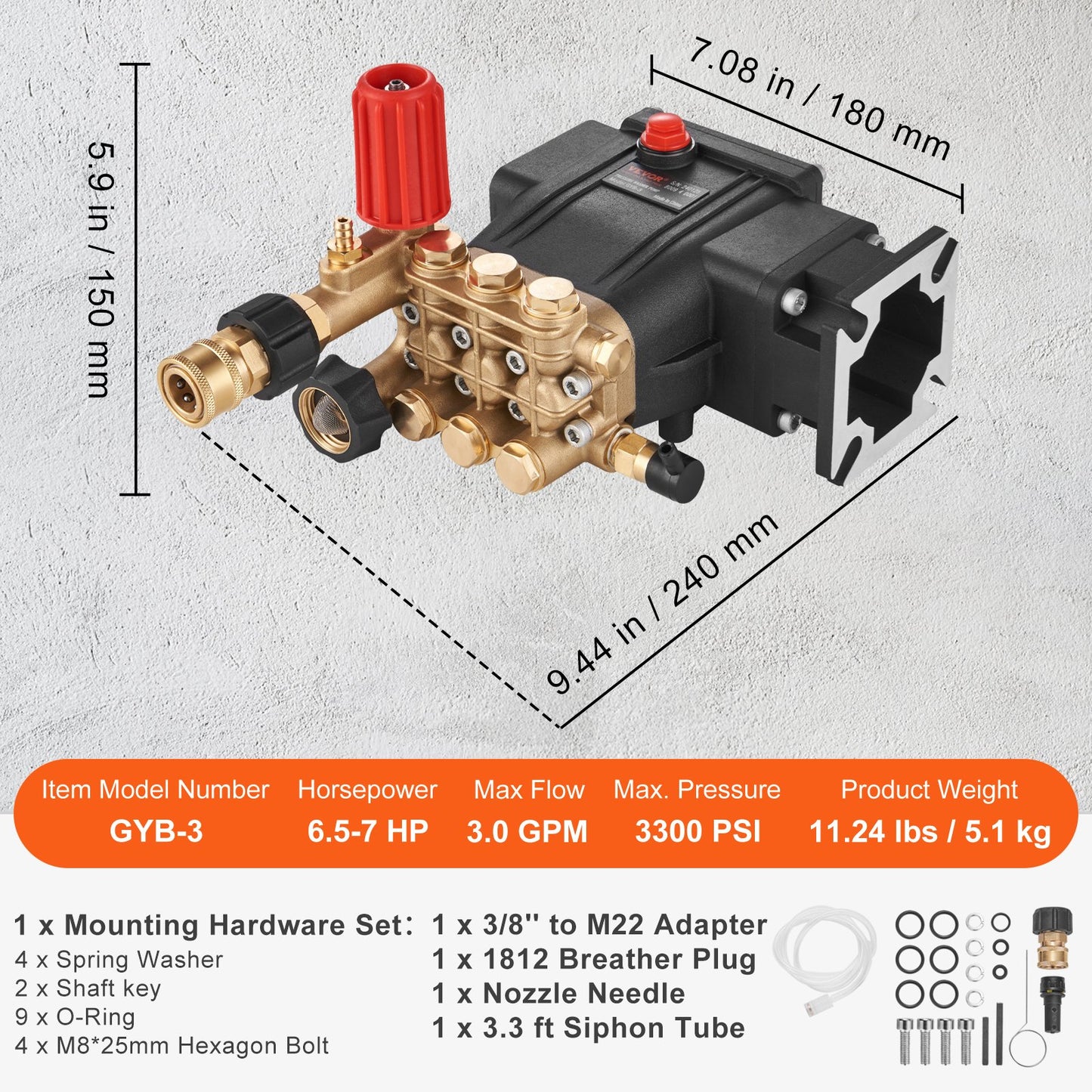 Pressure Washer Pump, 3/4" Shaft Horizontal Triplex Plunger, 3700 PSI, 2.5 GPM, Replacement Power Washer Pumps Kit, Parts Washer Pump, Compatible with Simpson MorFlex Models 40224, 40225, 40226