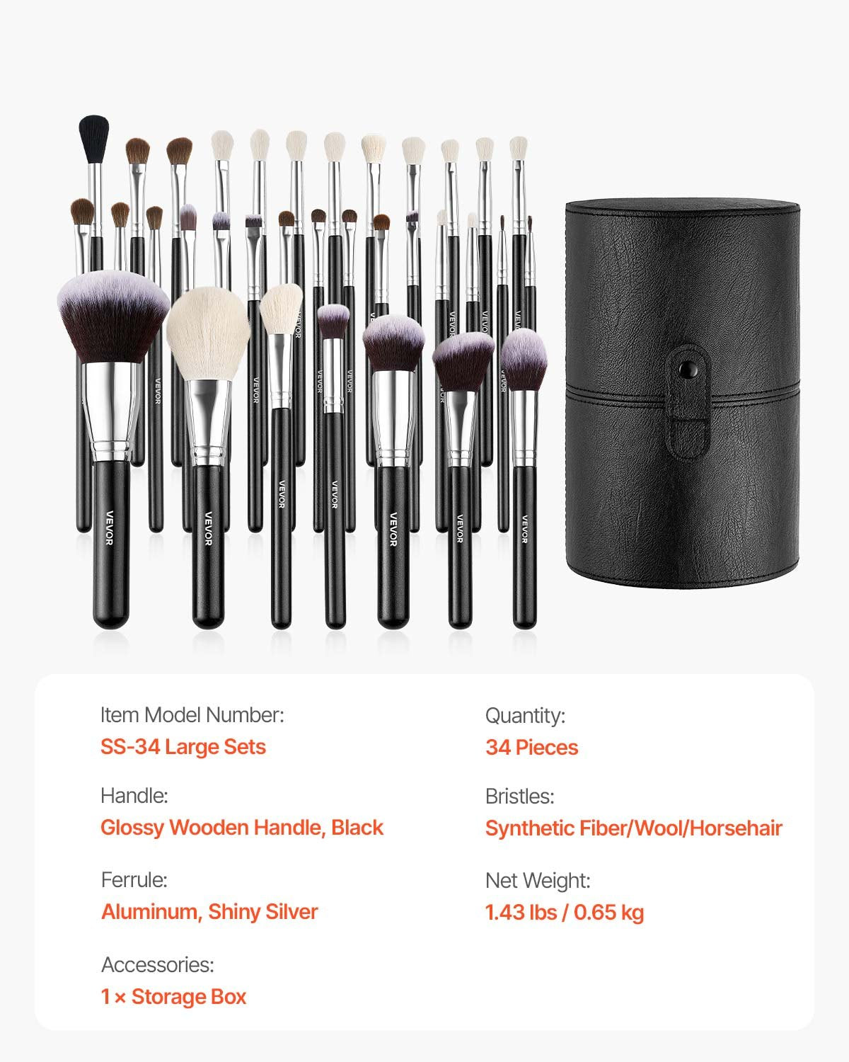 34-Piece Makeup Brush Set, Professional Brushes Kit for Foundation Blending Eyeshadow Concealer Blush - with Soft Bristles, Ergonomic Wood Handle, Travel-Friendly Case Included