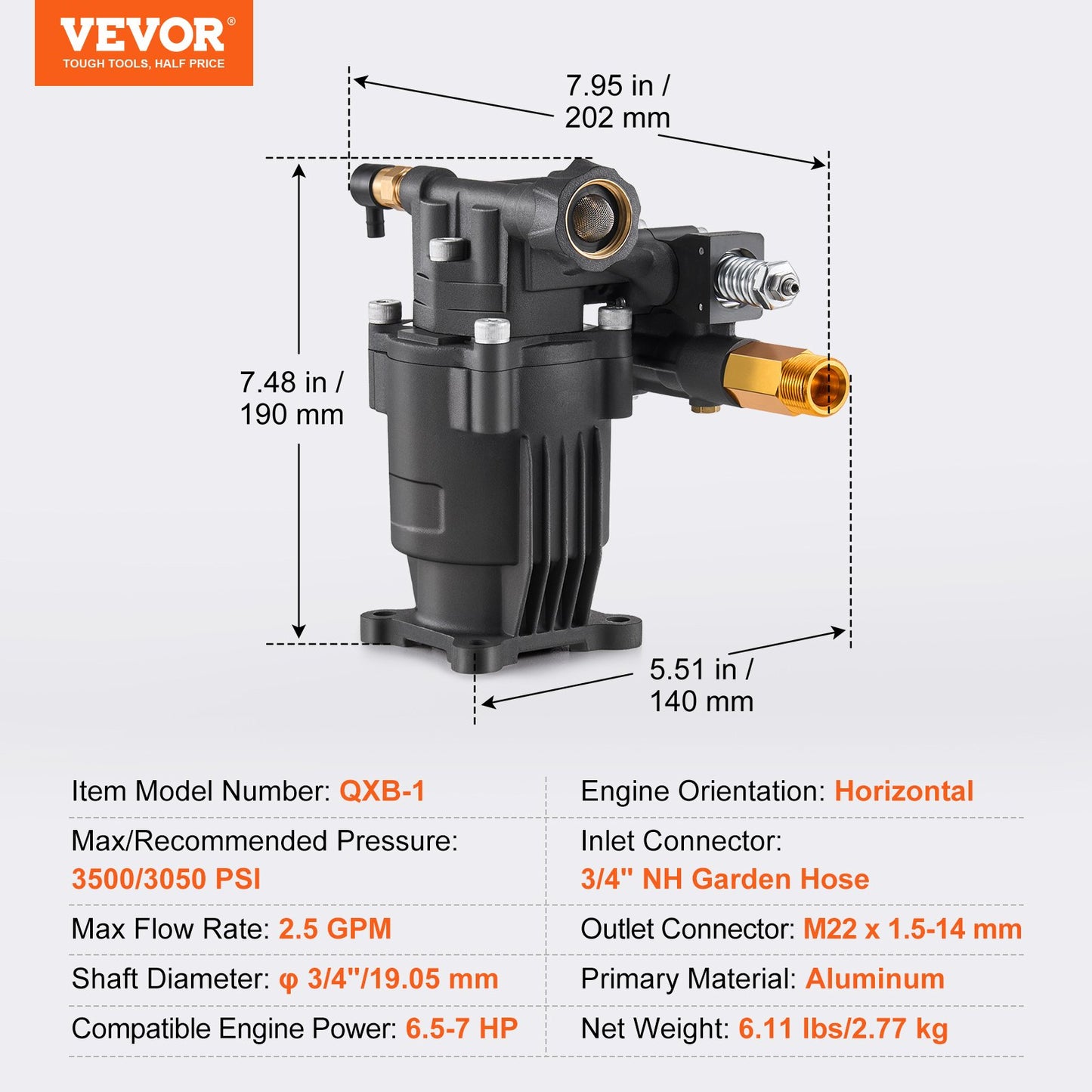 Pressure Washer Pump, 3/4" Shaft Horizontal, 3500 PSI, 2.5GPM, Replacement Power Washer Pumps Kit with 5 Nozzles, Hardware and Siphon Tube, Compatible with Simpson, Honda, Troy-Bilt, Generac