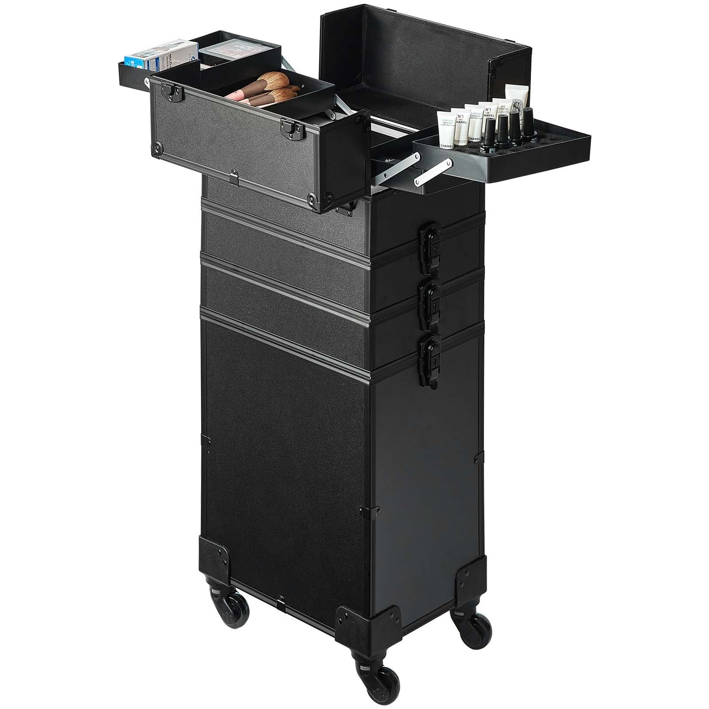 5 in 1 Professional Makeup Train Case Aluminum Cosmetic Case, Rolling Makeup Case Extra Large Trolley Makeup Travel Organizer, with 360° Swivel Wheels & Adjustable Pull Rod, Black