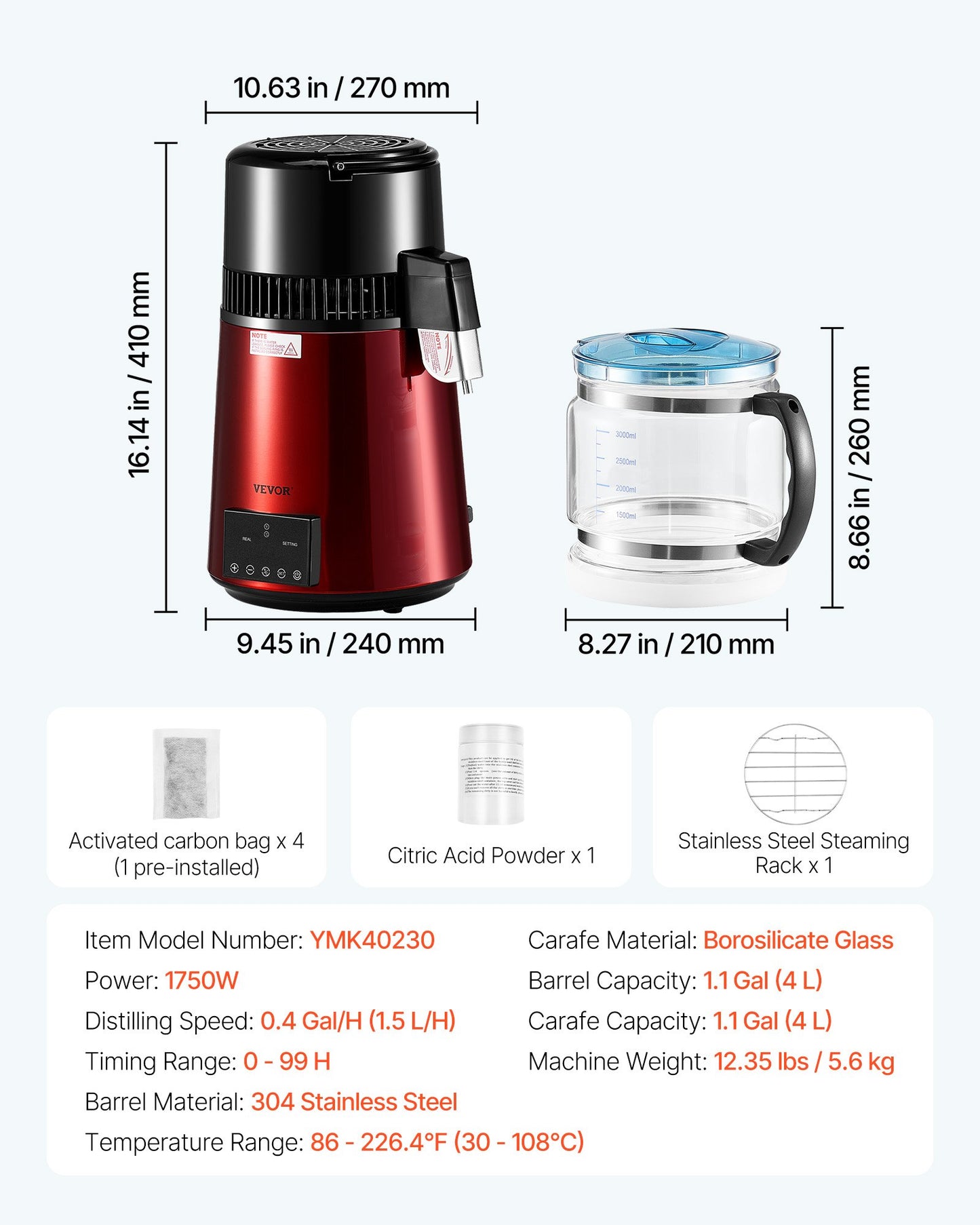 Water Distiller, 4L 1.1 Gallon Pure Water Purifier Filter For Home Table Countertop, 1750W Distilled Maker with Glass Pot, Stainless Steel Interior Drinking Machine to Make Clean Waters, Red