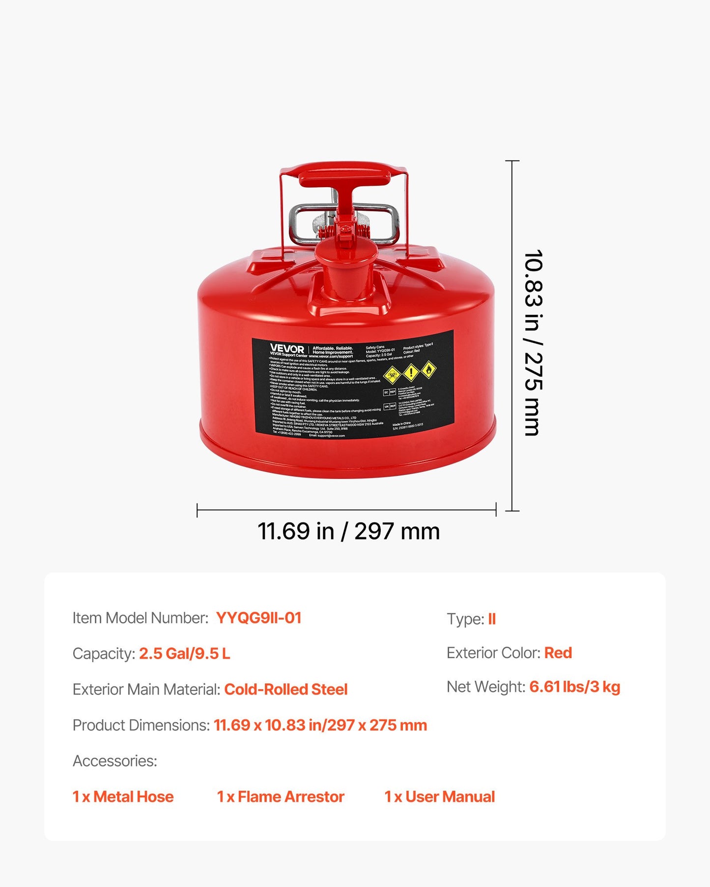 Safety Gas Can, 2.5 Gallon Type II Red Safety Can for Gasoline with Stainless Steel Flame Arrester, Self-Closing Lid & Flexible Metal Spout, Carbon Steel Flammable Storage with Ergonomic Handle