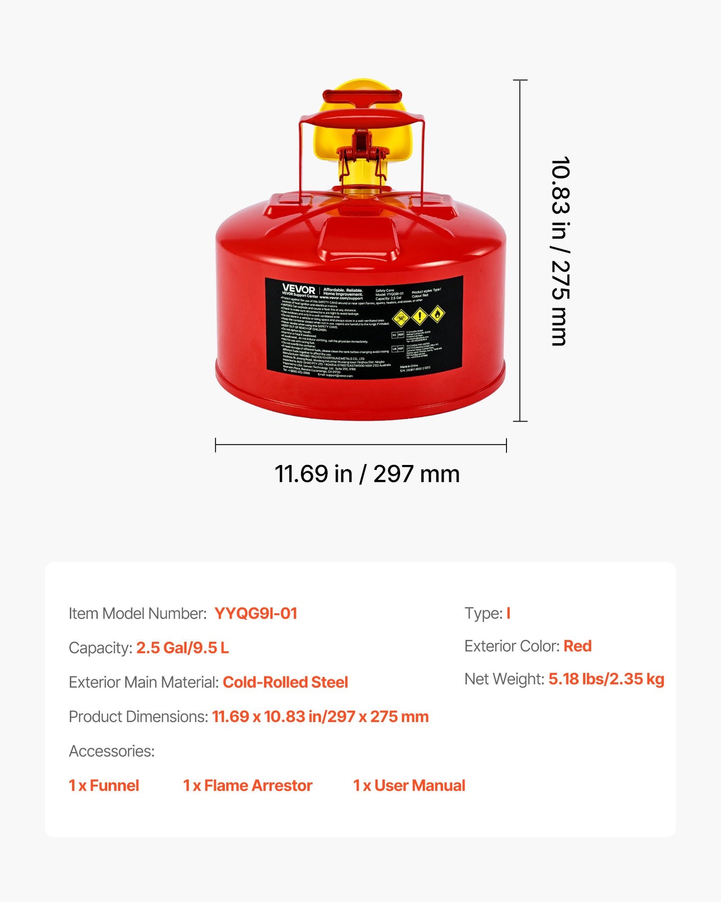 Safety Gas Can, 2.5 Gallon Type I Red Safety Can for Gasoline with Stainless Steel Flame Arrester, Self-Closing Lid, and PE Funnel, Carbon Steel Flammable Storage Container with Ergonomic Handle