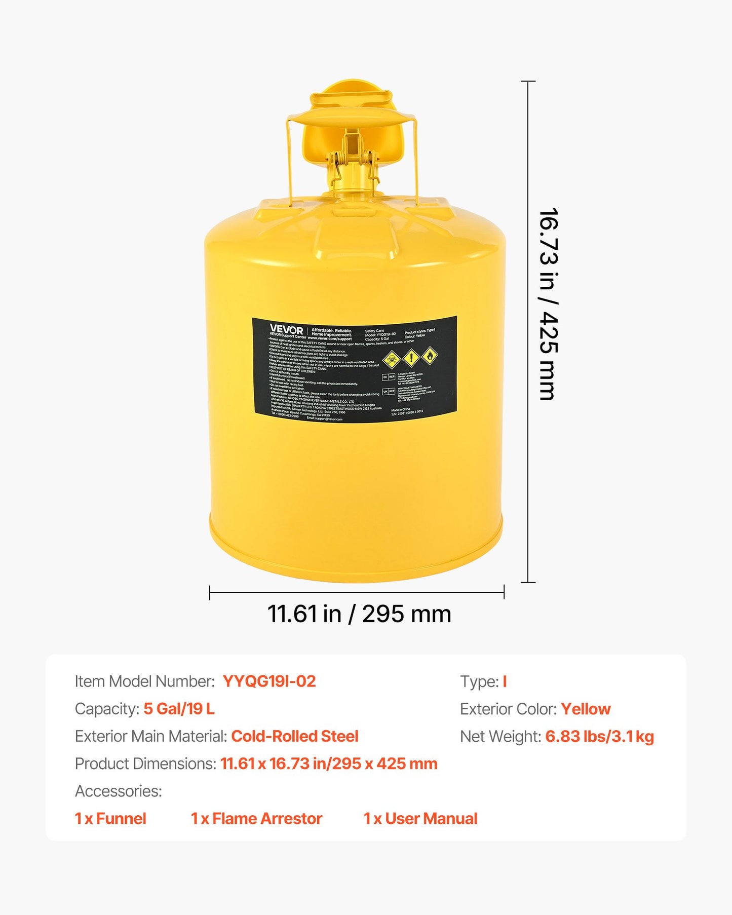 Safety Can, 5 Gallon Type I Yellow Safety Can for Diesel with Stainless Steel Flame Arrester, Self-Closing Lid, and PE Funnel, Carbon Steel Flammable Storage Container with Ergonomic Handle
