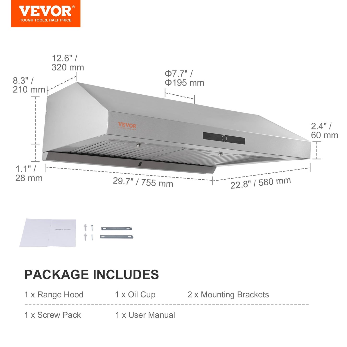 Under Cabinet Range Hood, Dual Motors Ductless Kitchen Stove Vent, Stainless Steel Permanent Filter with 3-Speed Exhaust Fan, 2 Baffle Filters, LED Lights, Touch Control Panel, Silver (30 inch)