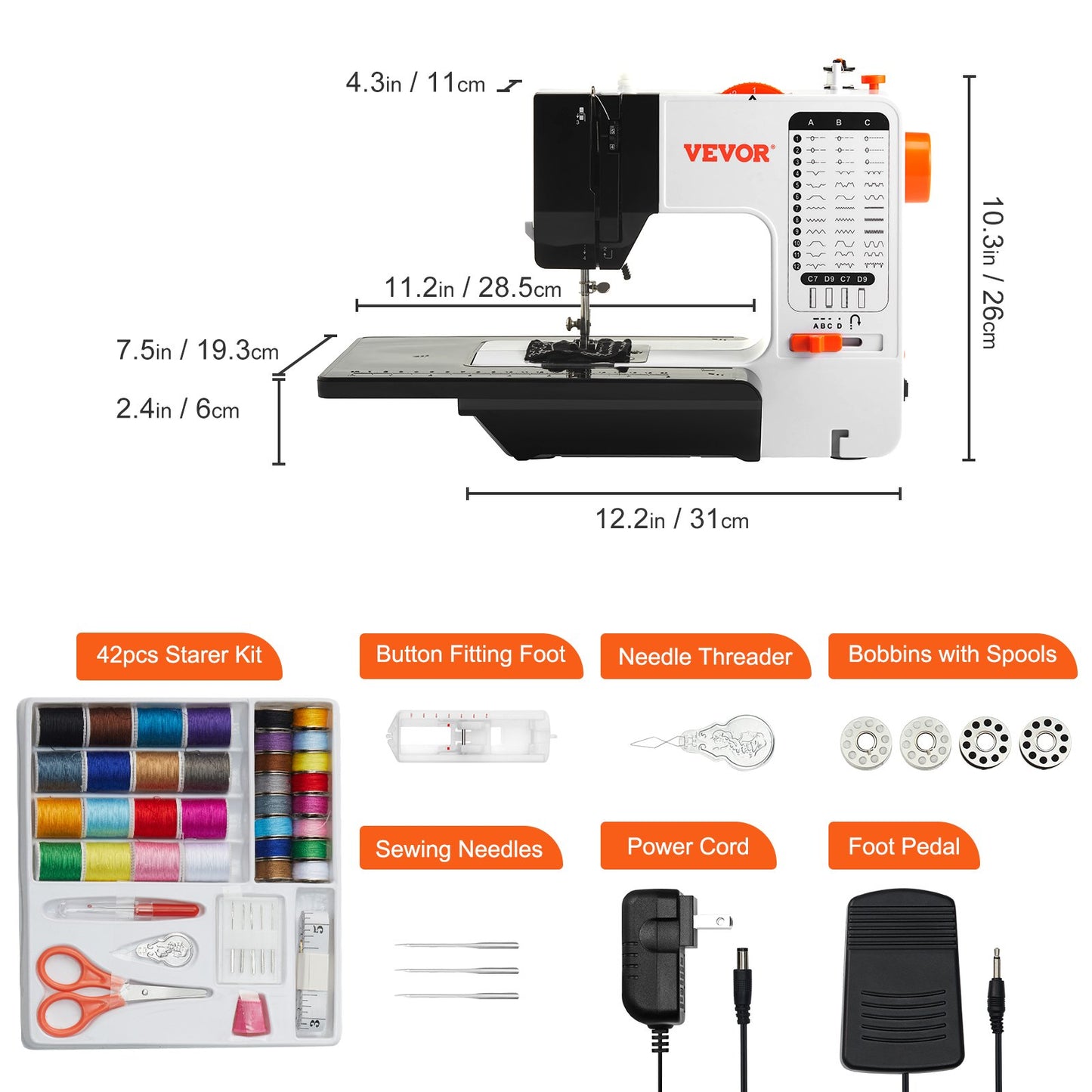 Sewing Machine, Portable Sewing Machine for Beginners with 38 Built-in Stitches & Reverse Sewing, Dual Speed Sewing Machine with Extension Table Foot Pedal, Accessory Kit Family Home Travel