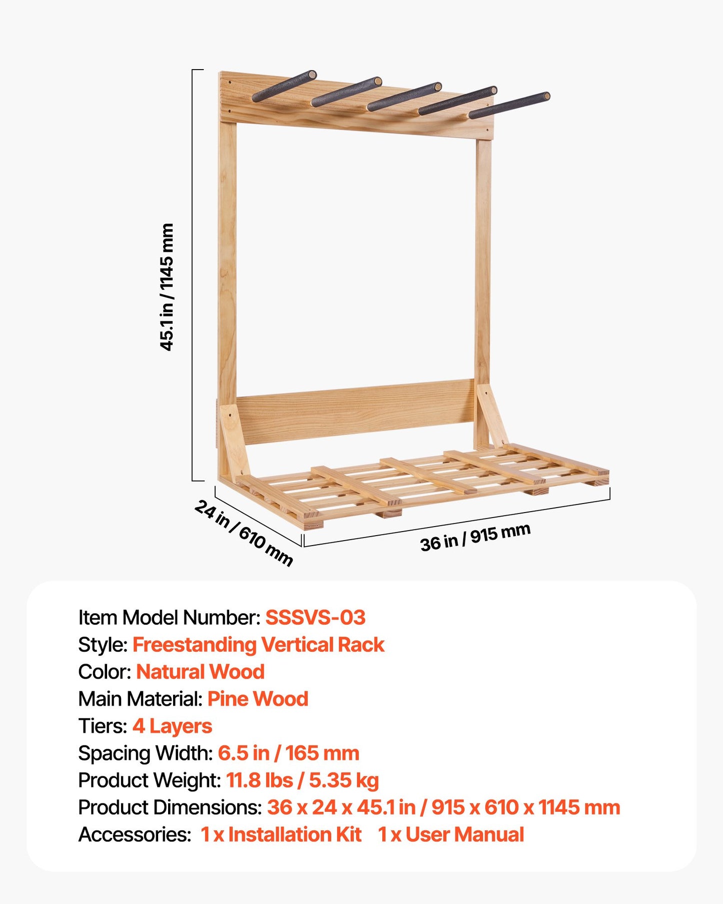 Vertical Surfboard Stand, 4 Tiers Wooden Surfboard Rack for Storage and Display, Freestanding Board Stand Organizer, Surf Board Holder for Wakeboards, Snowboards, Kiteboards, Shortboard, Skis