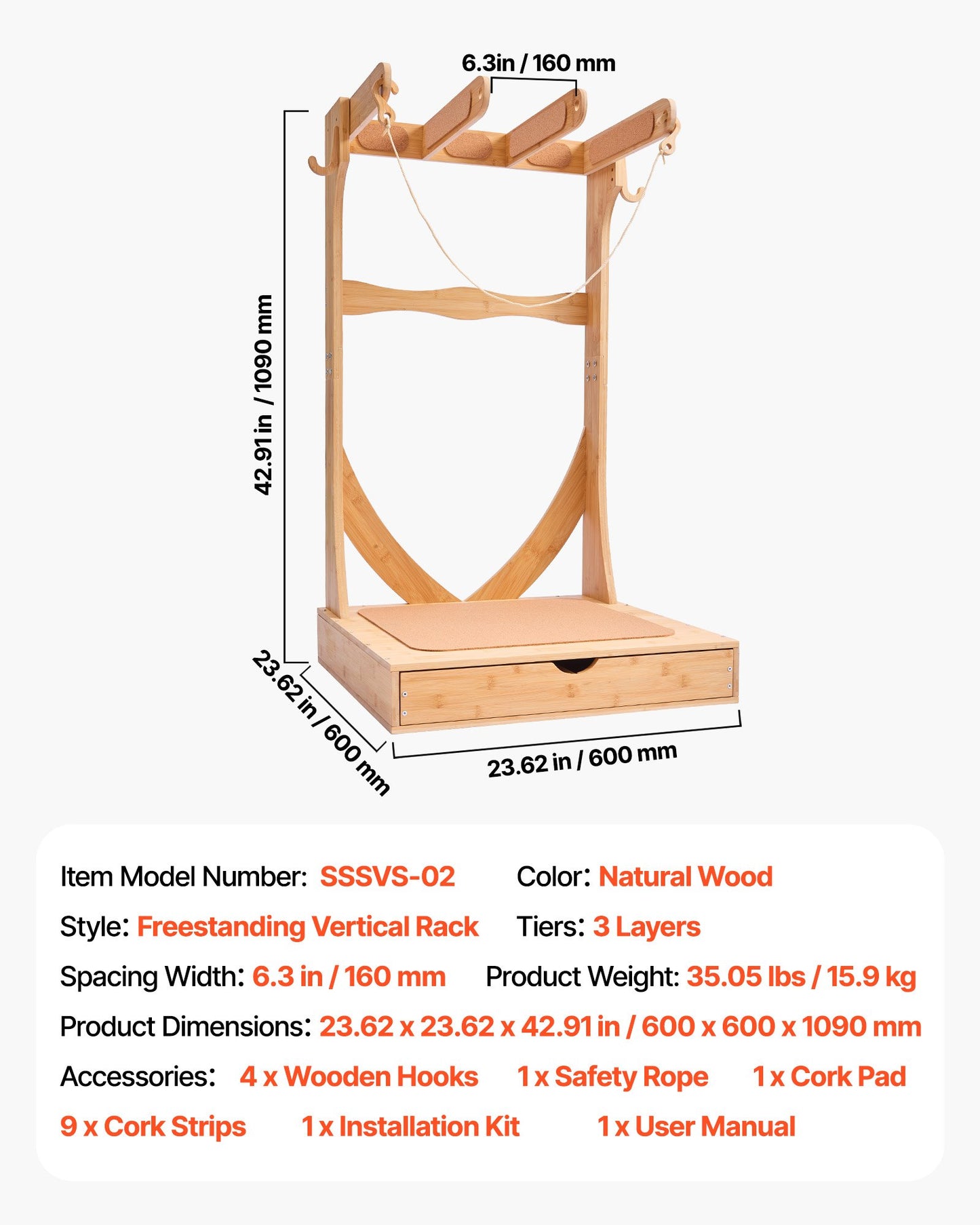 Vertical Surfboard Stand, 3 Tiers Wooden Surfboard Rack for Storage and Display, Freestanding Board Stand Organizer with Hanging Hooks & Cork Padding, for Wakeboards, Snowboards, Kiteboards
