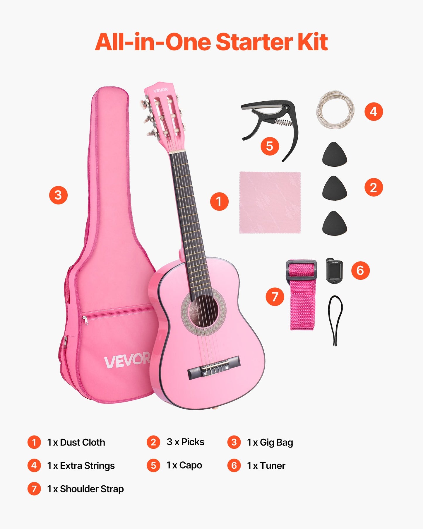Classical Guitar, 30 Inch, Wood Classical Guitar Starter Kit for Beginners, with Nylon Strings, Gig Bag, Strap, Tuner, Extra Strings, Picks, Capo, Basswood, for Kids Girls Boys Students, Pink