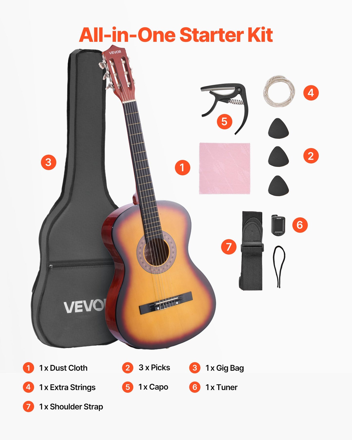 Classical Guitar, 38 Inch, Wood Classical Guitar Starter Kit for Beginners, with Nylon Strings, Gig Bag, Strap, Tuner, Extra String, Pick, Capo, Basswood, for Teenagers Adults Students, Sunburst