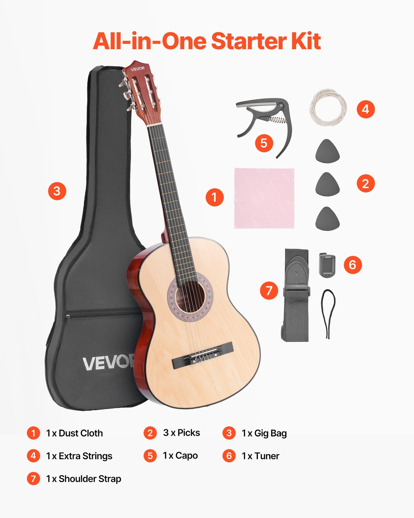 Classical Guitar, 38 Inch, Wood Classical Guitar Starter Kit for Beginners, with Nylon Strings, Gig Bag, Strap, Tuner, Extra Strings, Pick, Capo, Basswood, for Teenagers Adults Students, Natural