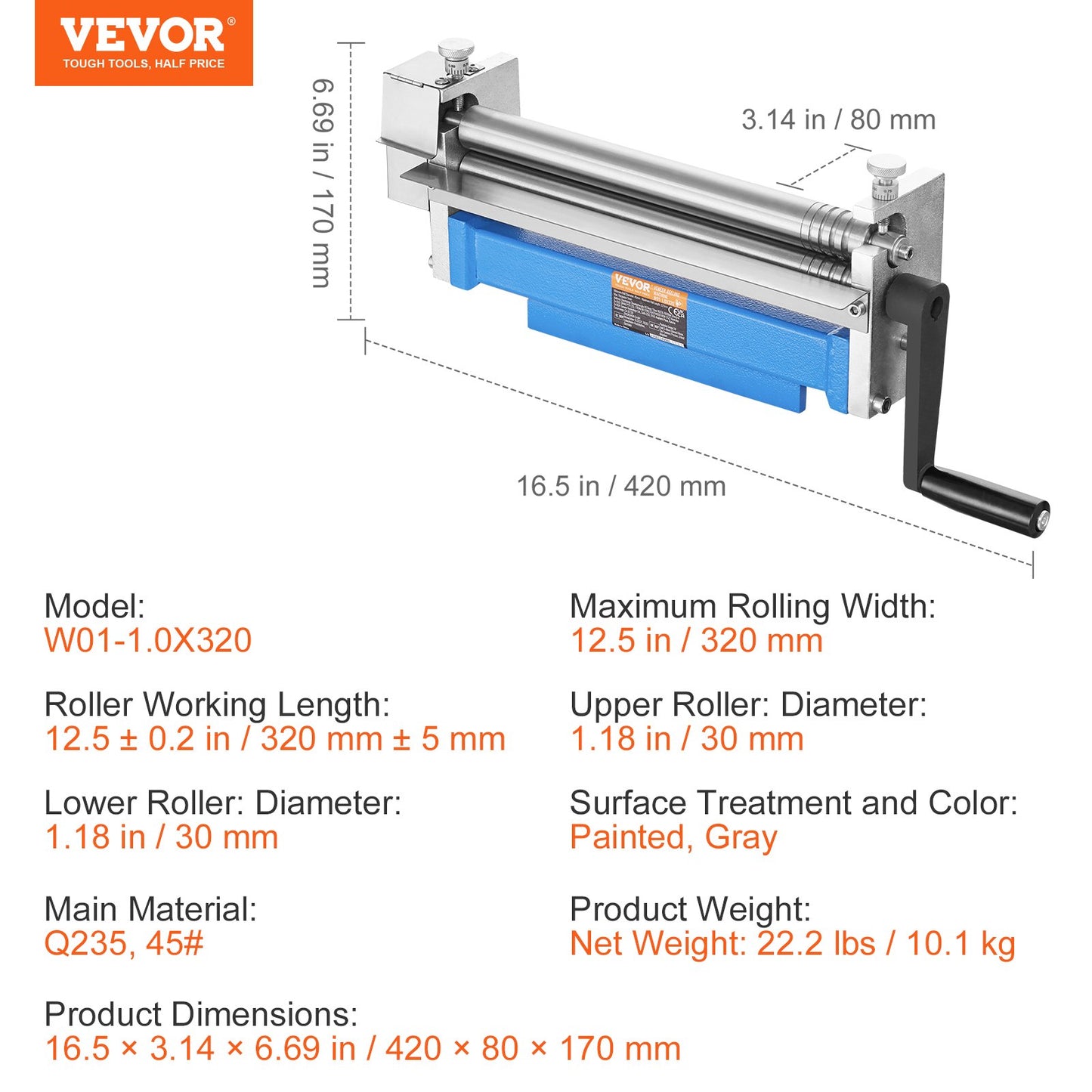 Slip Roll Machine, 12.6 inches Forming Width in 20 Gauge Capacity, Sheet Metal Slip Roller Rolling Bending Machine, with 2 Detachable Rollers for Low Carbon Steel Copper Aluminum Alloy Sheet