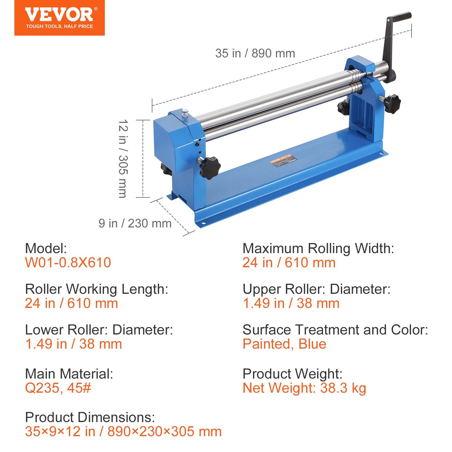 Slip Roll Machine, 24 inches Forming Width in 16 Gauge Capacity, Sheet Metal Slip Roller Rolling Bending Machine, with 2 Detachable Rollers for Low Carbon Steel Copper Sheet Aluminum Alloy Sheet