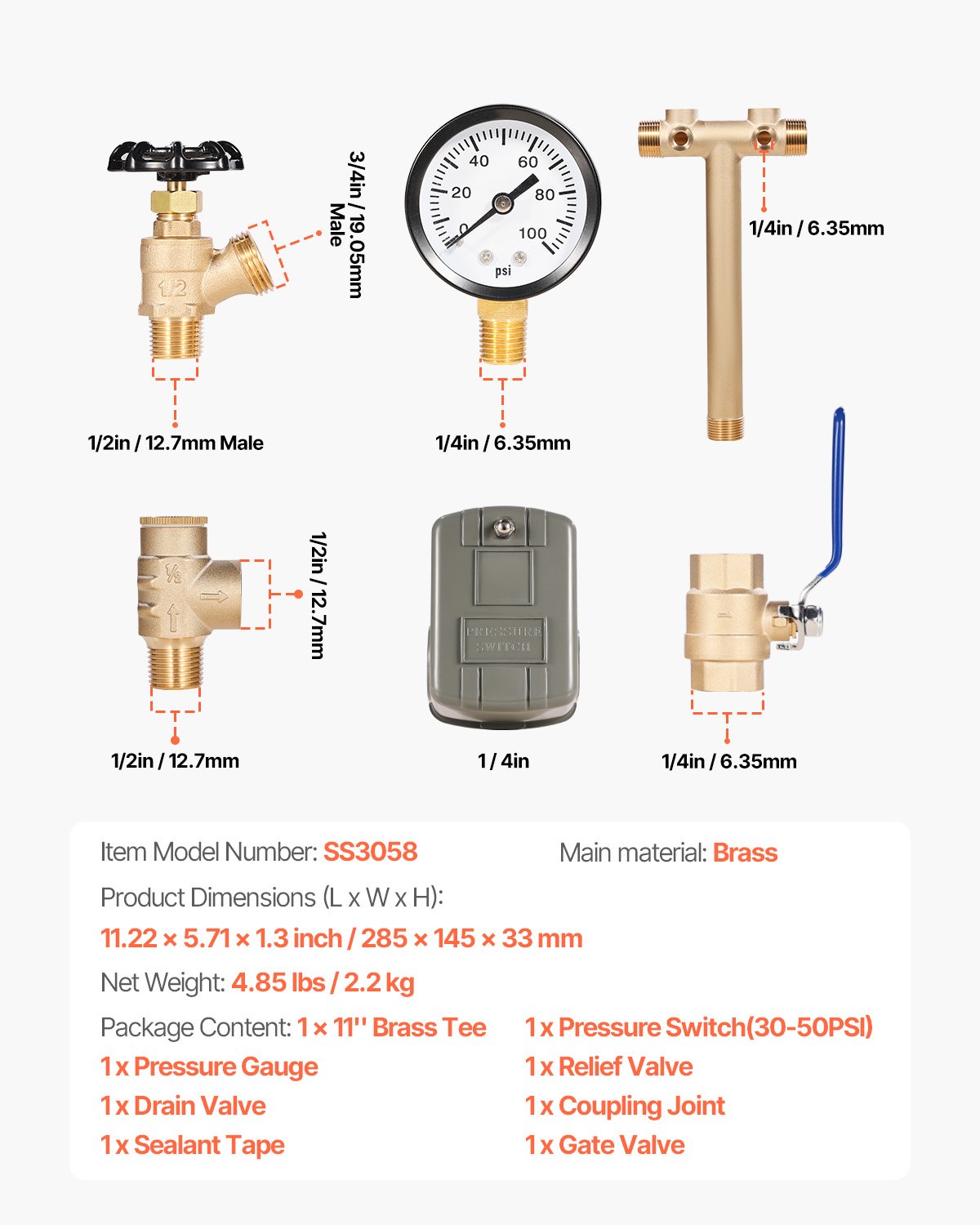 1" x 11" Well Pressure Tank Tee Kit, with 30/50PSI Switch, 8-Pieces Pure Brass Pressure Tank Installation Kit for Water Well, 1 in Gate Valve Included, Fit Most tanks with Diameter up to 16 in