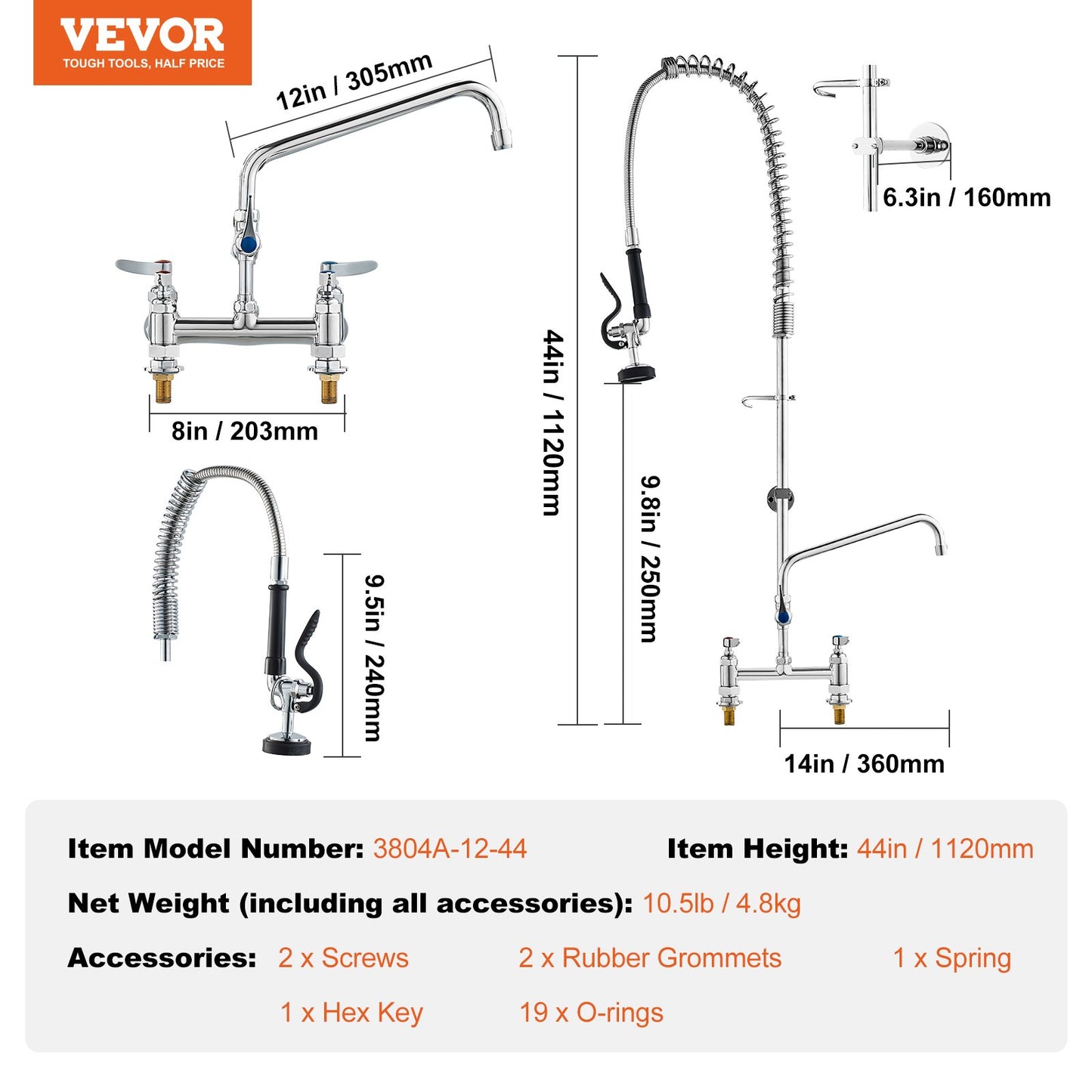 Industrial Sink Faucet, 44" Tall, 8" Install Space, 12" Rotating Spout, Surface Mount, Brass-Made with Extendable Sprayer, Suitable for Single/Triple Basin