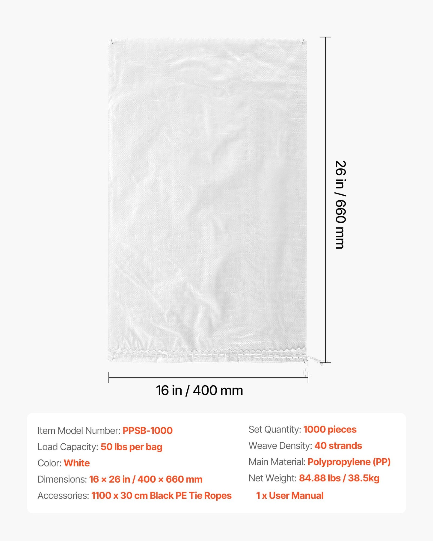 Empty Sandbags, 1000 Packs 16 x 26 in, Heavy Duty Sand Bags Sacks with Ties, 50lb Capacity Woven Polypropylene Sandbags, Tear-Resistant & UV-Resistant Sand Bags for Flood Protection Barrier