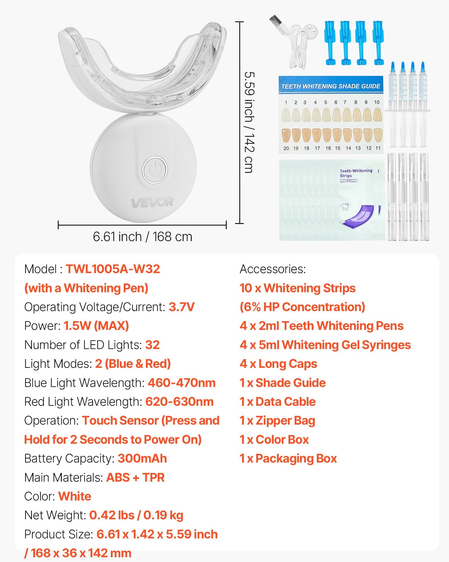 Teeth Whitening Kit with LED Light, 32 LED Accelerator Lights, Whitening Strips, Pens and Gel Syringes, U-Shaped Tray, Wireless Portable Kit Fast and Effectively Removes Stubborn Stains