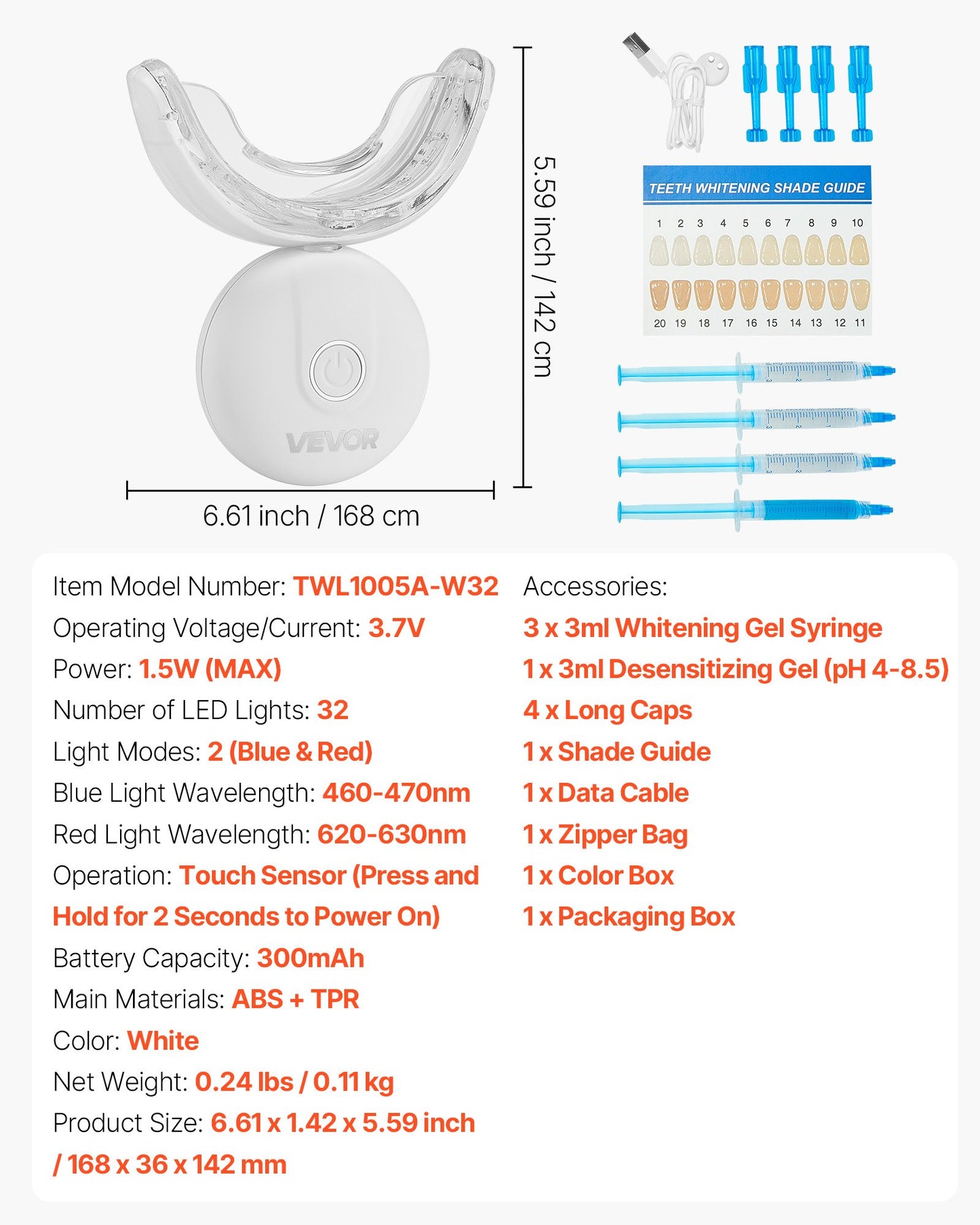 Teeth Whitening Kit with LED Light, 32 LED Accelerator Lights, Whitening Gel Syringe, Desensitizing Gel, and U-Shaped Tray, Wireless Portable Kit Fast and Effectively Removes Stubborn Stains