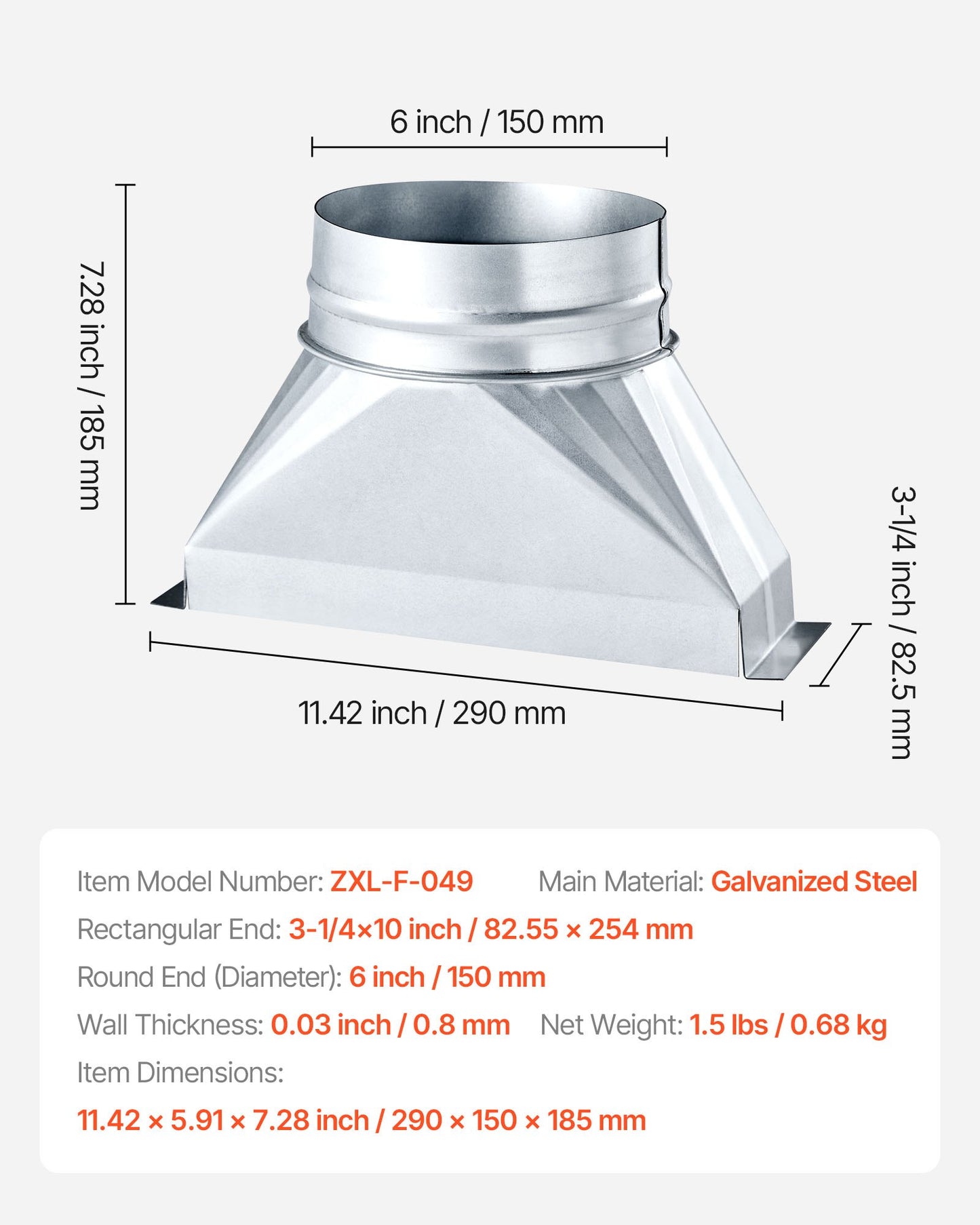 Duct Boot, 3-1/4 x 10 x 6 inch Duct End Boot, Galvanized to Round Transition Galvanized Floor Register Tool for Center Ventilation & HVAC System, Easy Installation,Silver (6 in Round Pipe)